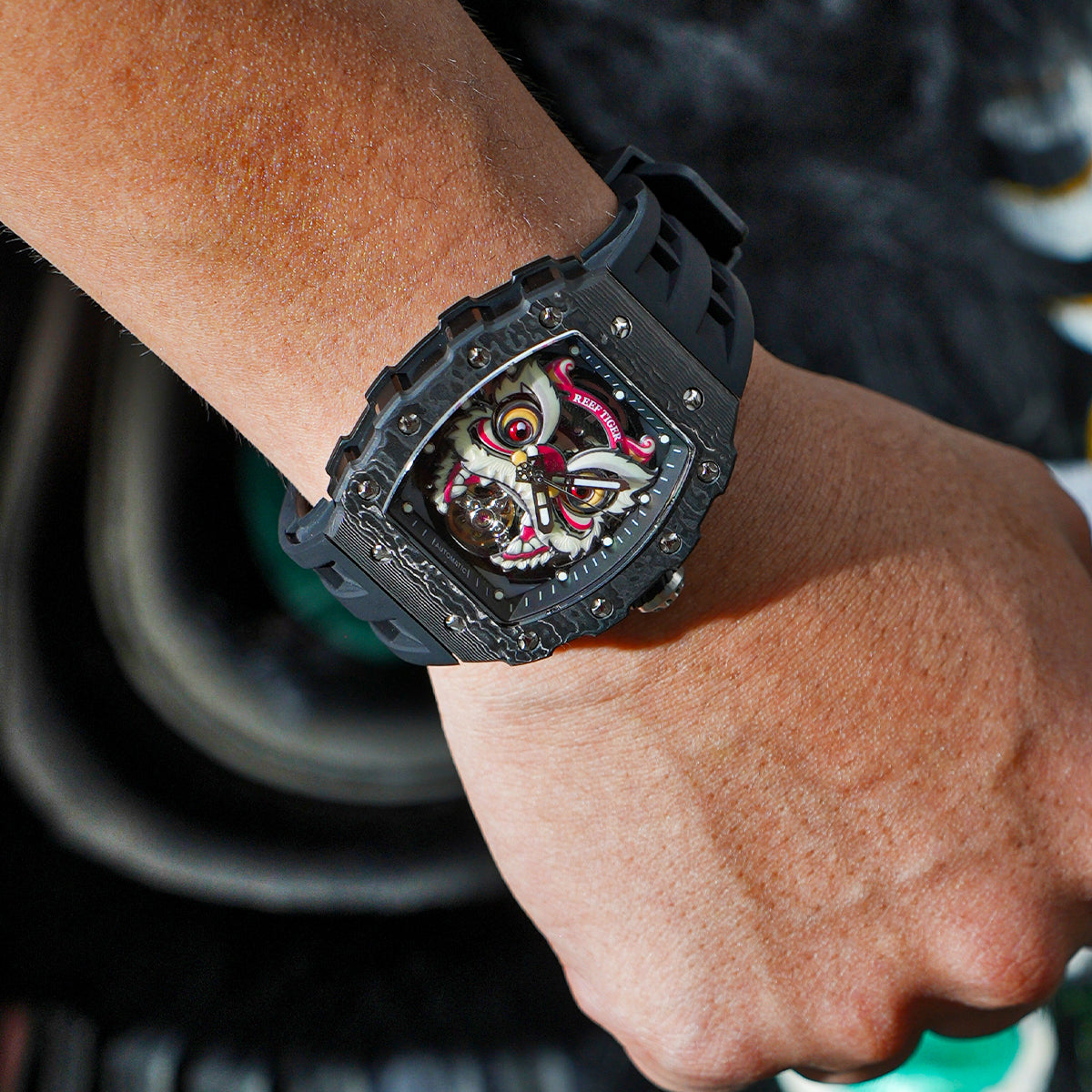 Unique Reef Tiger RGA3009 Chinese Lion Dance Skeleton Black Carbon Fiber Watch