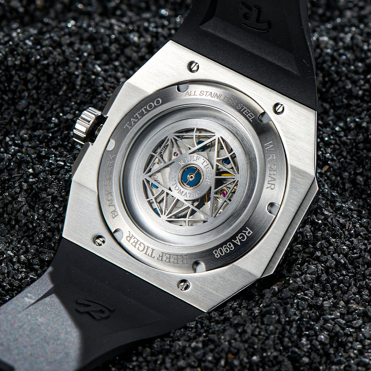 Luxury Mens Unique Automatic Watches - Reef Tiger Black Shark Hexagon RGA6908 Black Dial Automatic Mechanical Watch