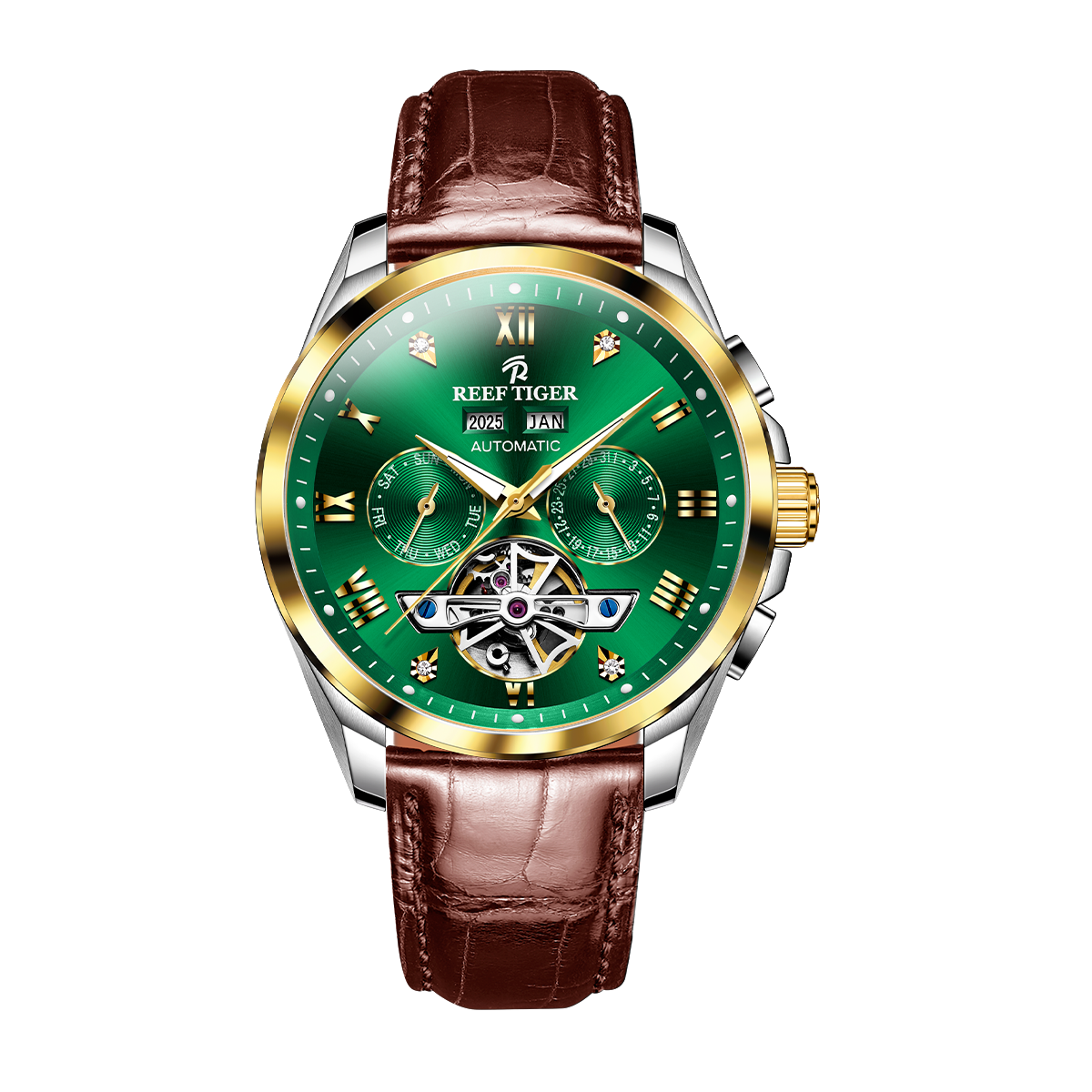 Reef Tiger RGA8235 Constant motion Green Day Date Automatic Tourbillon Style Watches for Men