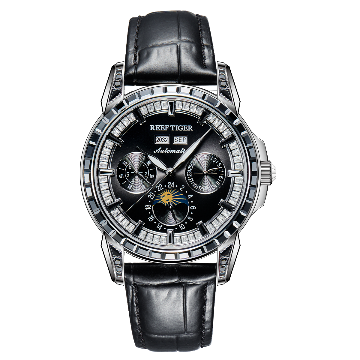 Reef Tiger RGA1988 Watch - Men's Luxury Black Zirconia Bezel & Dial Multifunction Moon Phase Automatic Mechanical Watch