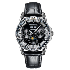 Reef Tiger RGA1988 Watch - Men's Luxury Black Zirconia Bezel & Dial Multifunction Moon Phase Automatic Mechanical Watch