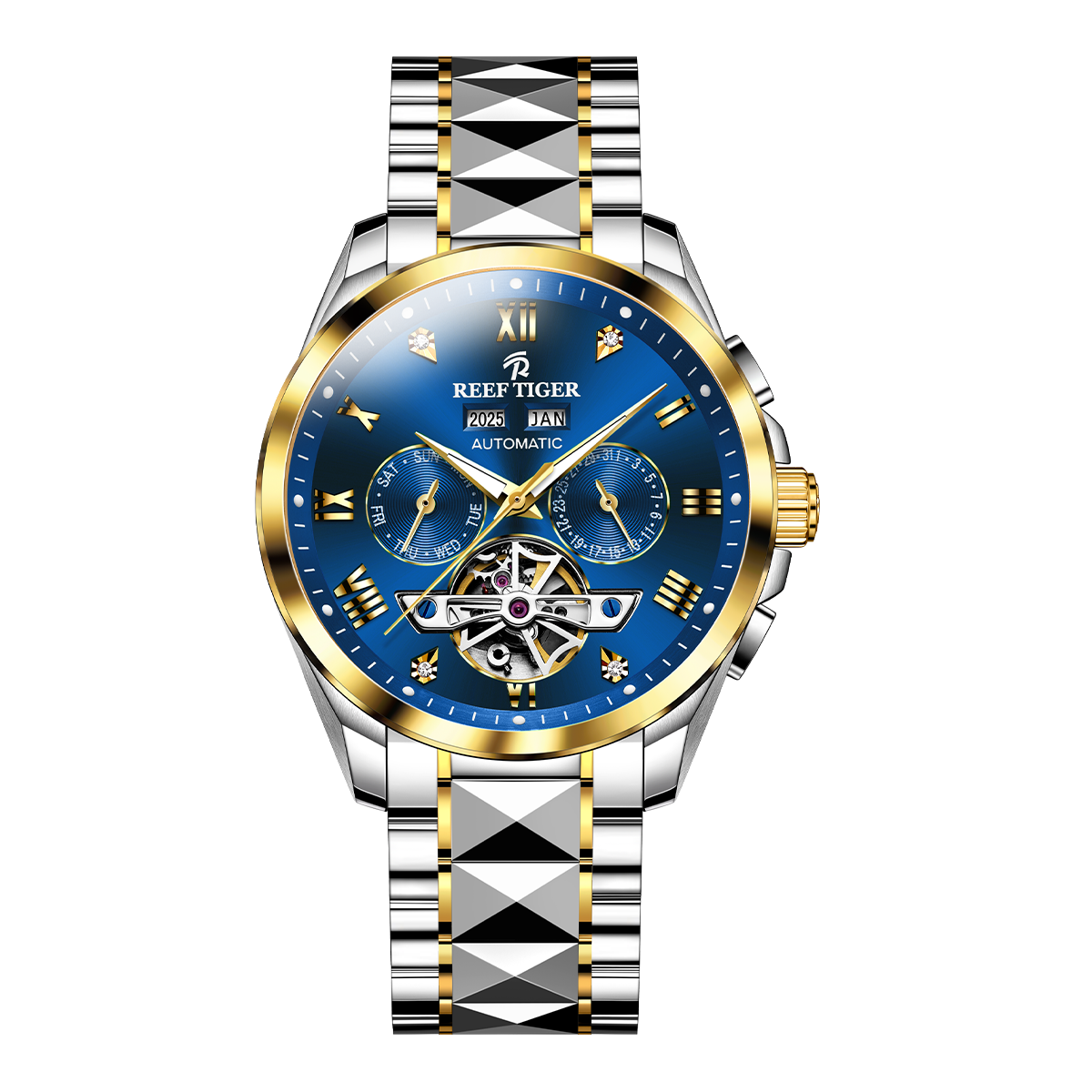 Affordable Reef Tiger RGA8235 Yellow Gold Case & Blue Day Date Dial Automatic Watches