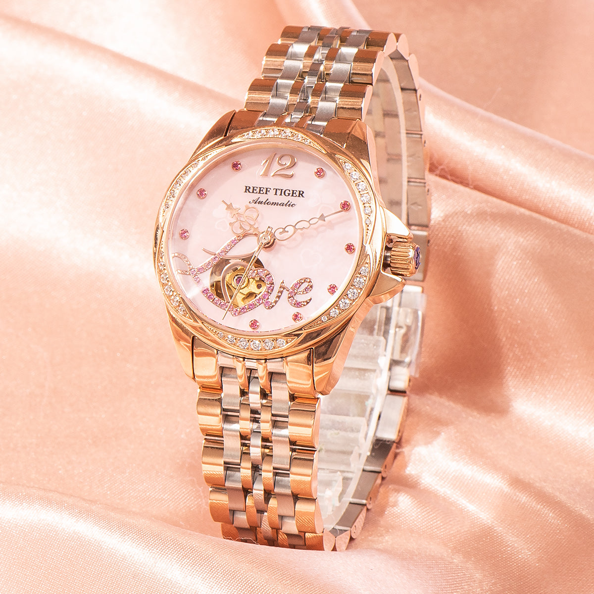 Pink Shell Pattern Dial Diamond Automatic Watch for Women - Fashion Luxury Rose Gold REEF TIGER RGA1583 Women Watches