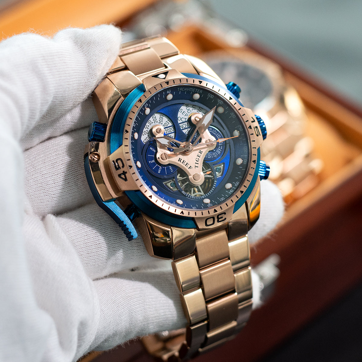 Reef Tiger Aurora RGA3503 Men's Automatic Mechanical Rose Gold Wristwatch - ST25 Automatic Movement Fashion Casual Sports Watch