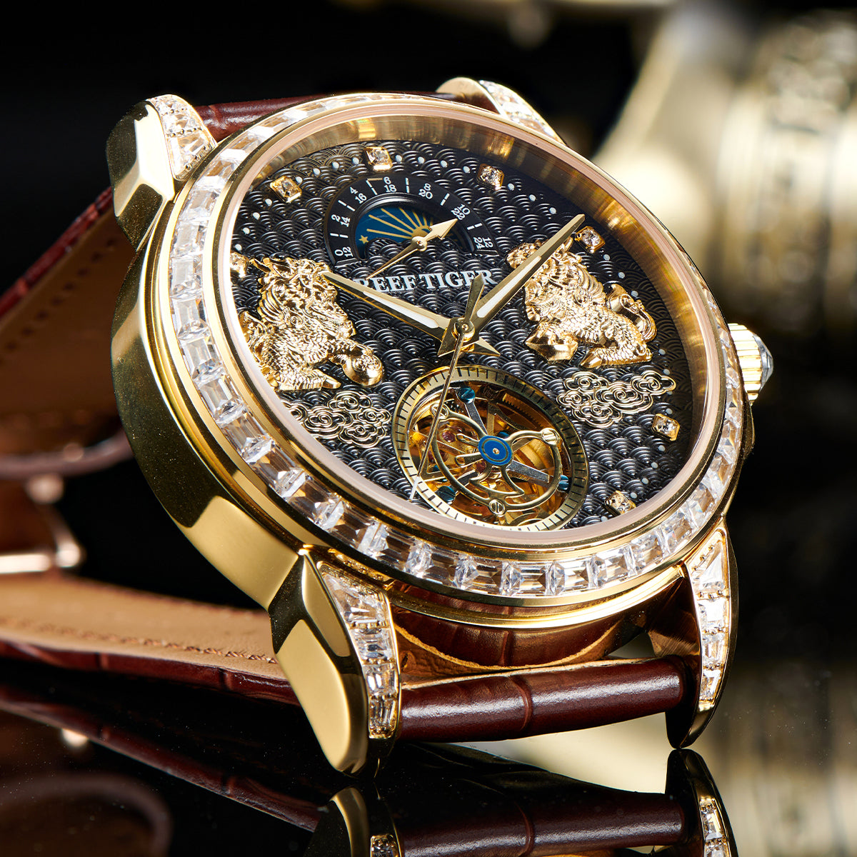 Reef Tiger "Pixiu" RGA1935 - Luxury Yellow Gold Mens Moon Phase Automatic Tourbillon Style Dial & Diamond Design Dress Watches