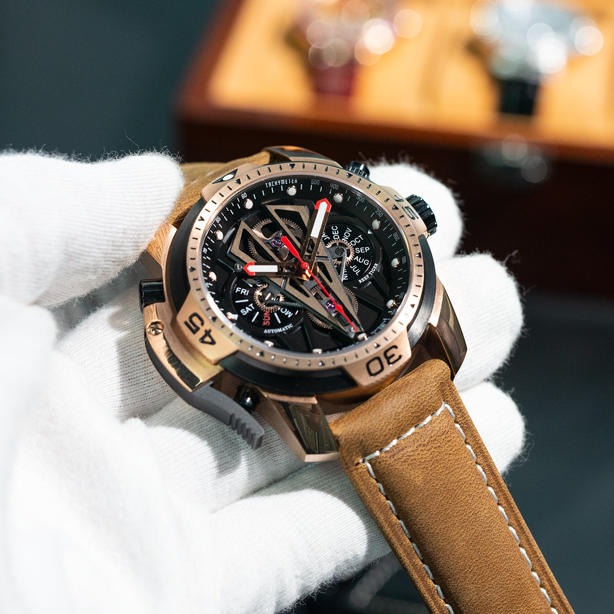 Reef Tiger Aurora Concept 2 RGA3591 Skeleton Automatic Self-Winding Waterproof Watches for Men - Rose Gold Stainless Steel Case/Strap
