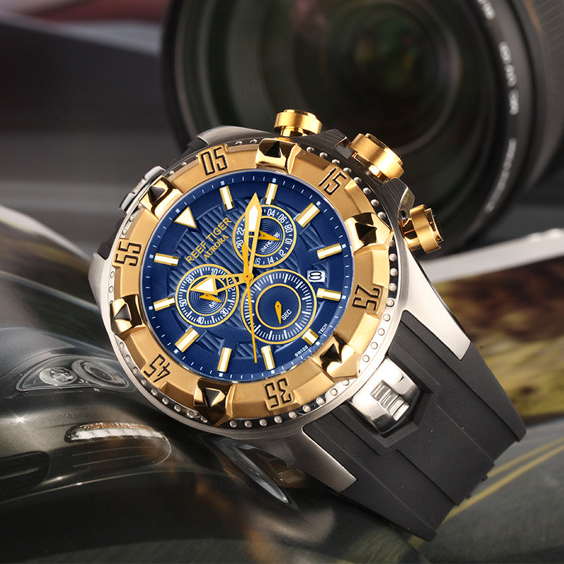 REEF TIGER Aurora RGA303 52mm Big Dial & Yellow Gold Color Bezel - Men's Chronograph Quartz Multi-Function Sport Watch