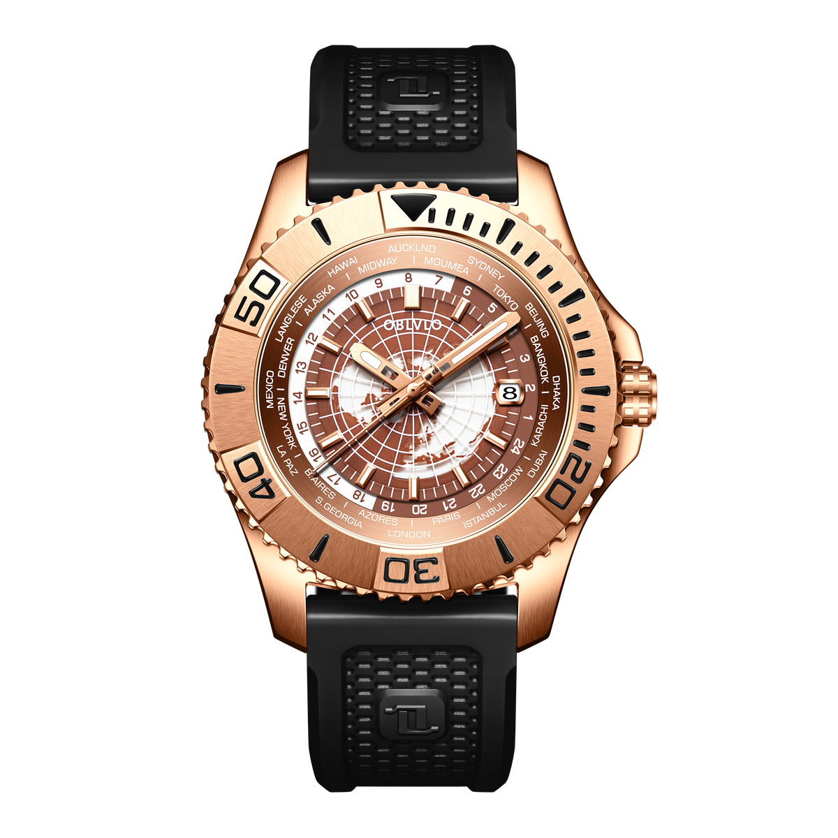 OBLVLO BM Men's Rose Gold Military Automatic Mechanical Watch Stainless Steel Waterproof Super Luminous Watch