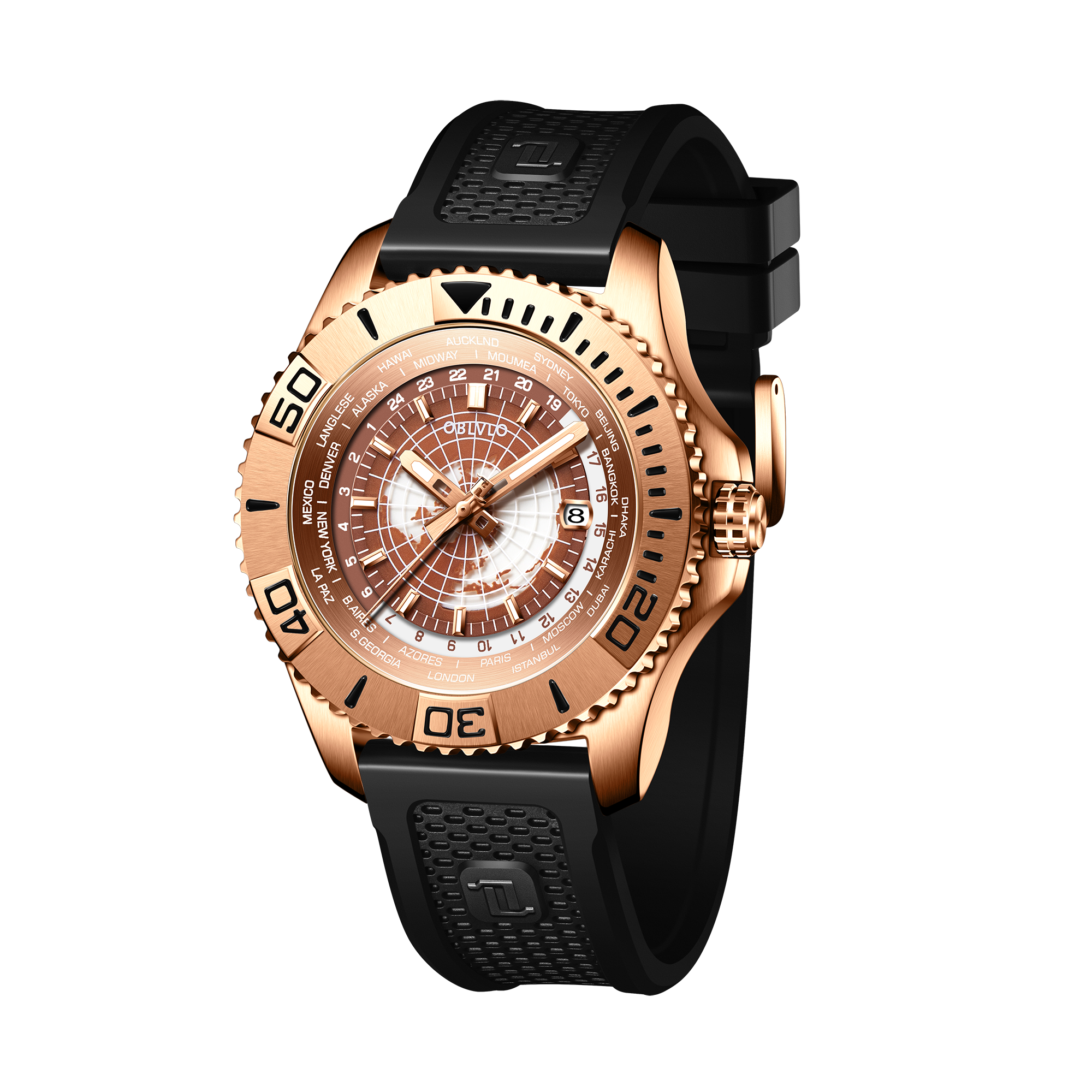 OBLVLO BM Men's Rose Gold Military Automatic Mechanical Watch Stainless Steel Waterproof Super Luminous Watch