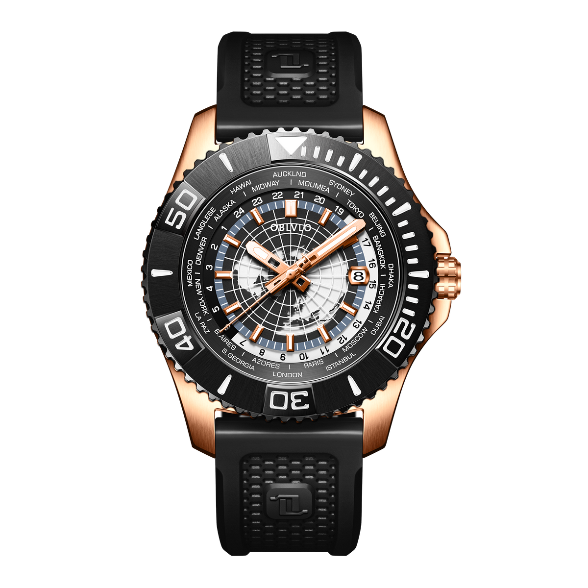 OBLVLO BM Mens 43mm Automatic Military Dive Rose Gold & Black Ceramic Bezel Watches