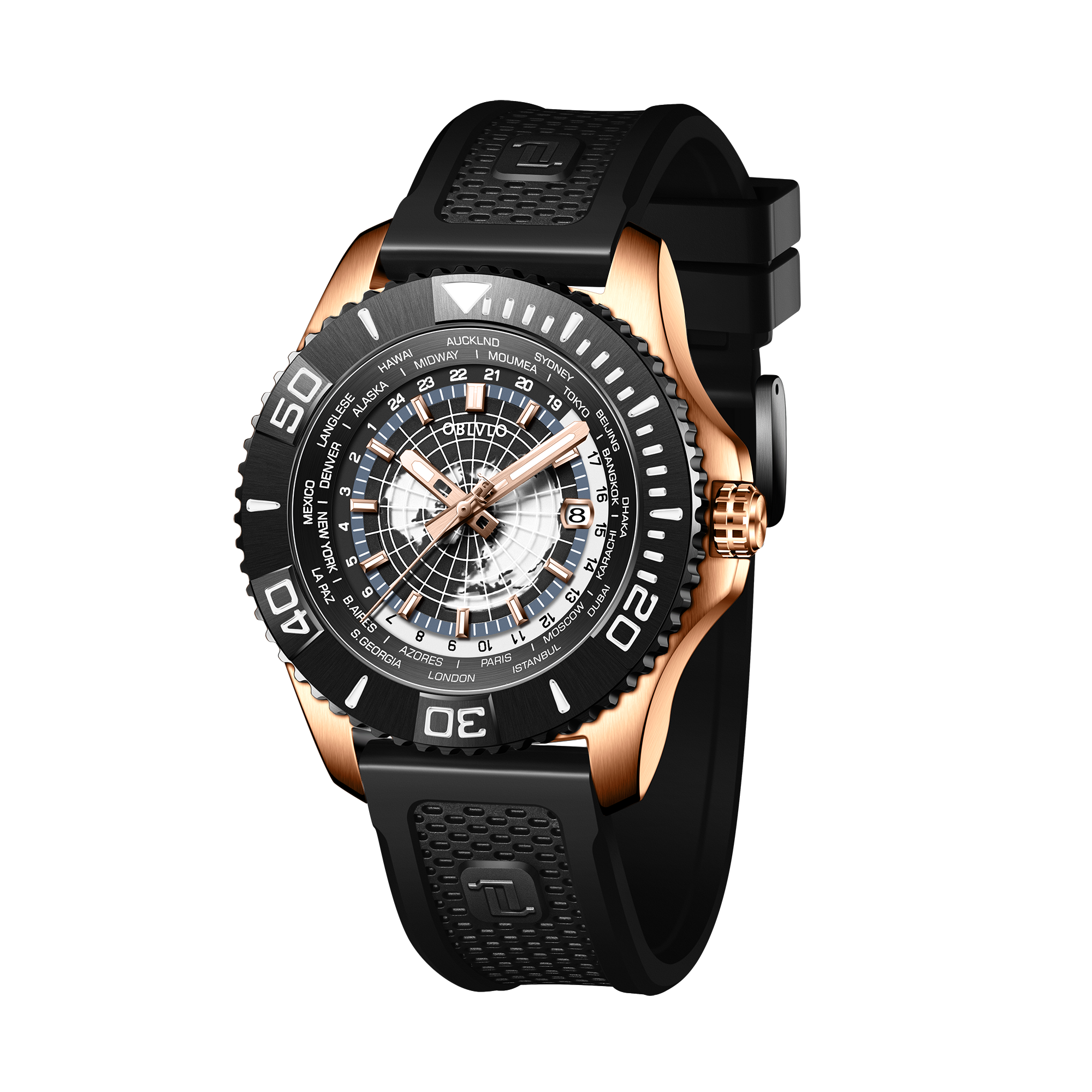 OBLVLO BM Mens 43mm Automatic Military Dive Rose Gold & Black Ceramic Bezel Watches