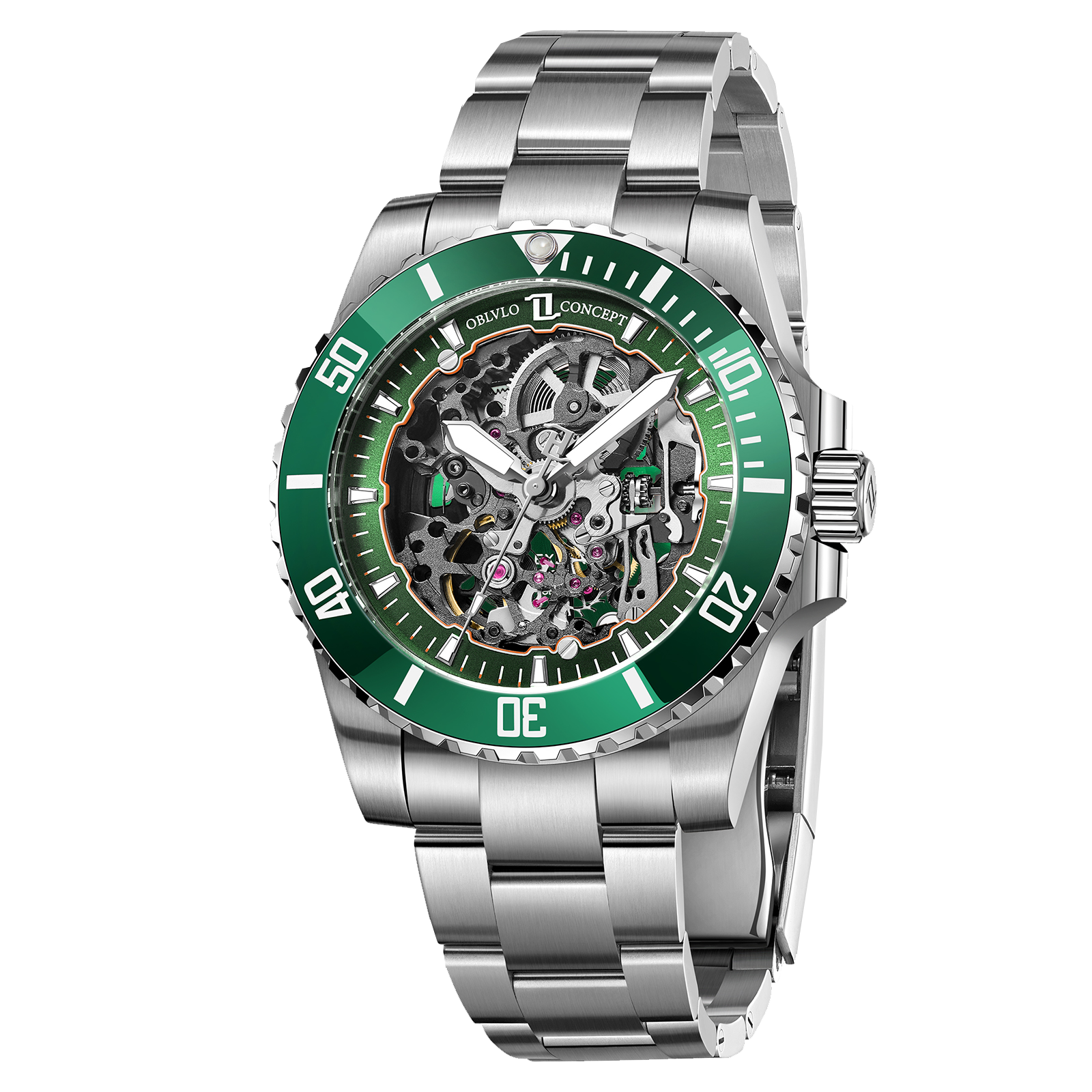 OBLVLO DM-S Mens Green Ceramic Bezel Automatic Skeleton Watch - Luxury Diving Luminous Automatic Waterproof Watch