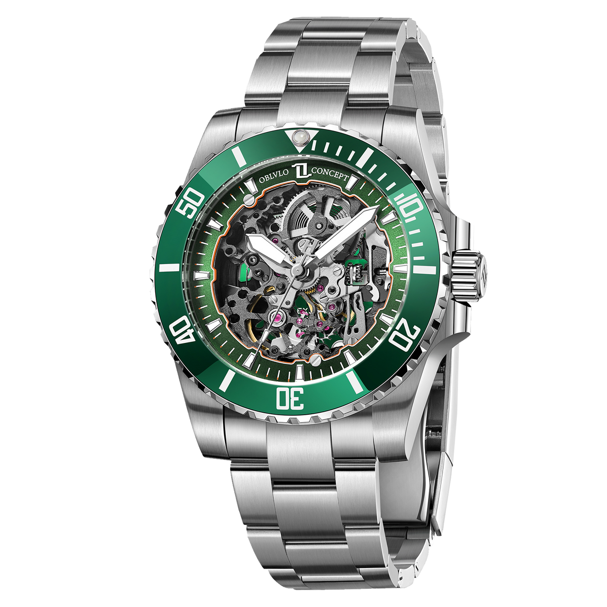 OBLVLO DM-S Mens Green Ceramic Bezel Automatic Skeleton Watch - Luxury Diving Luminous Automatic Waterproof Watch