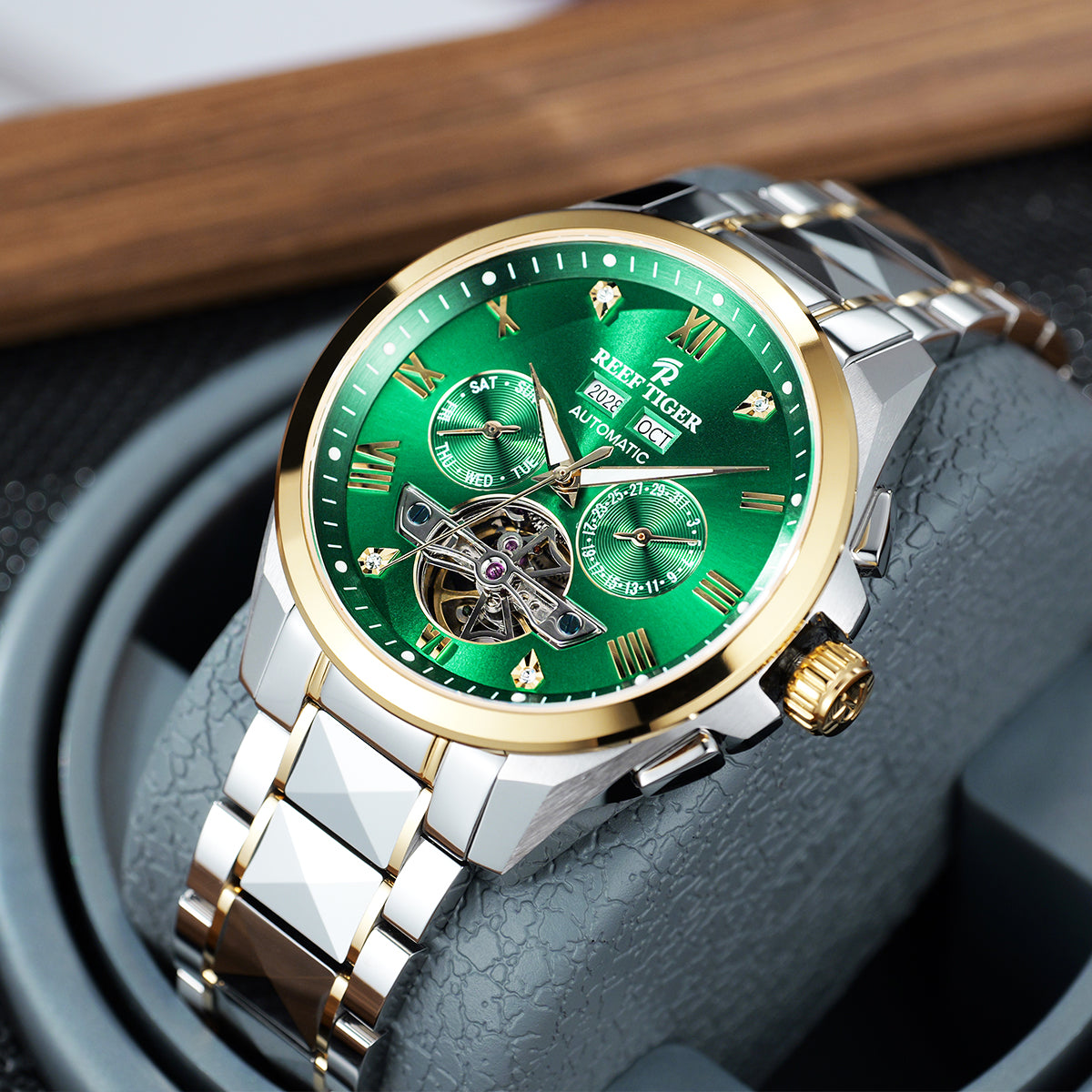 Reef Tiger RGA8235 Constant motion Green Day Date Automatic Tourbillon Style Watches for Men