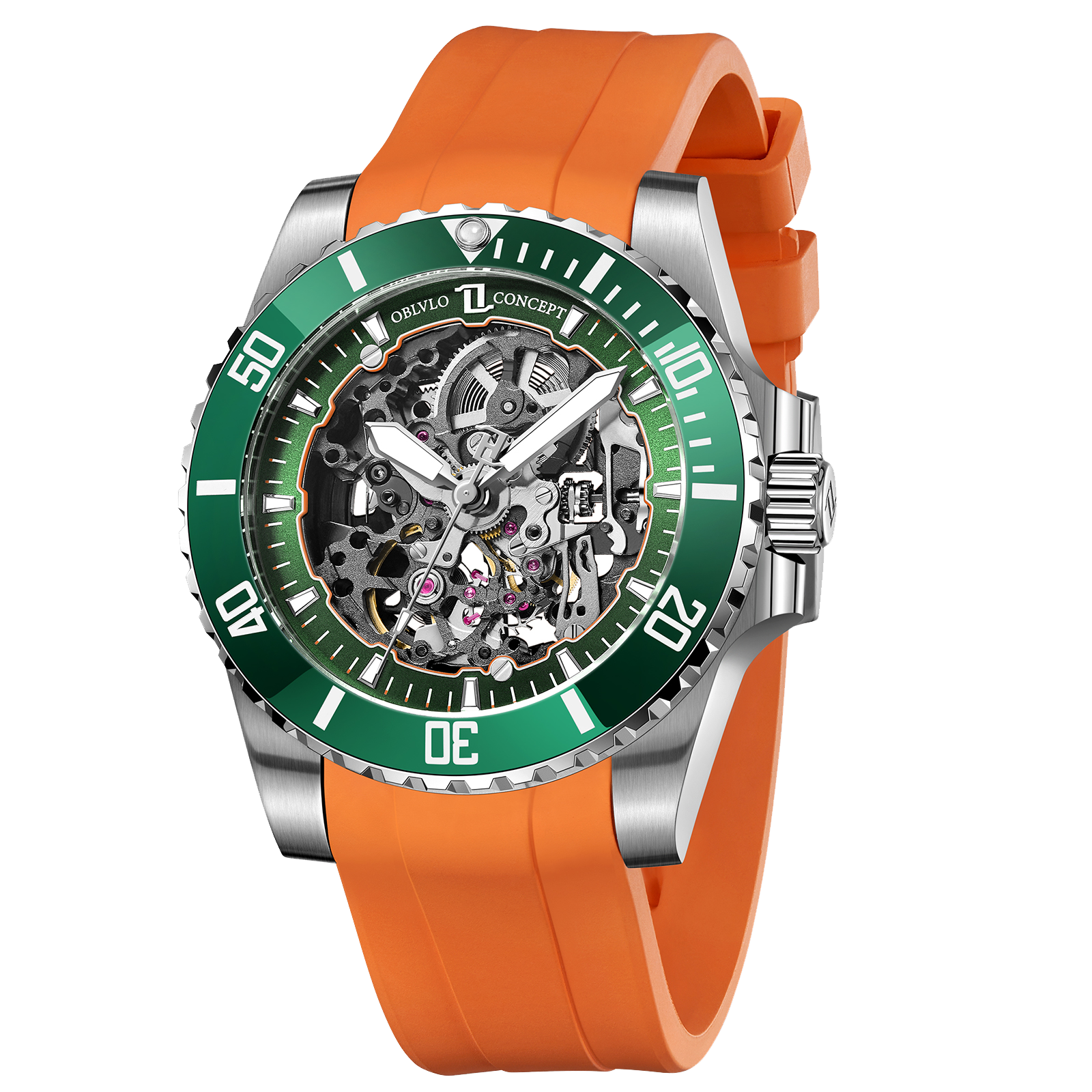 OBLVLO DM-S Mens Green Ceramic Bezel Automatic Skeleton Watch - Luxury Diving Luminous Automatic Waterproof Watch