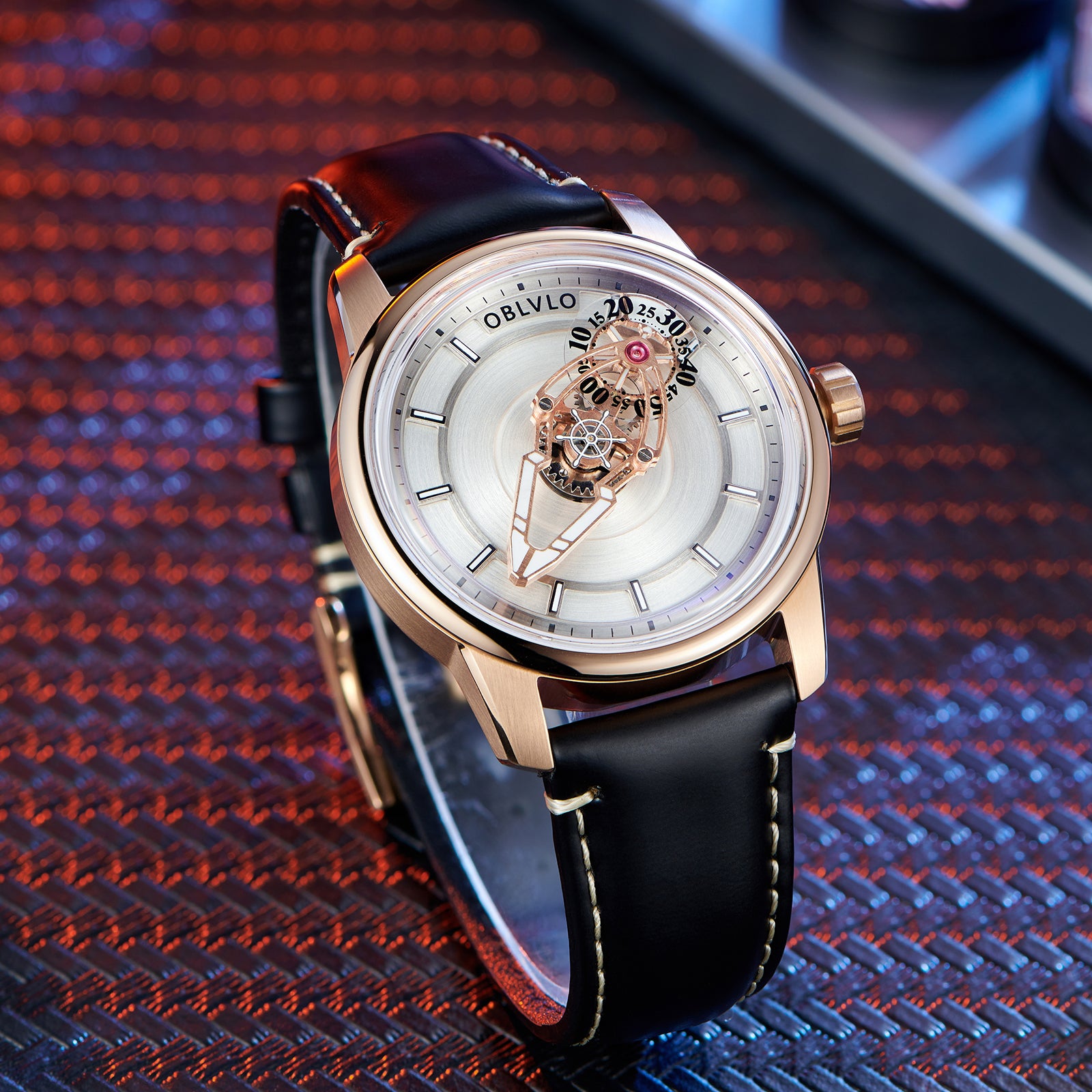 OBLVLO JM Space Black Spaceship Dial Automatic Rose Gold Case Dress Watches for Men