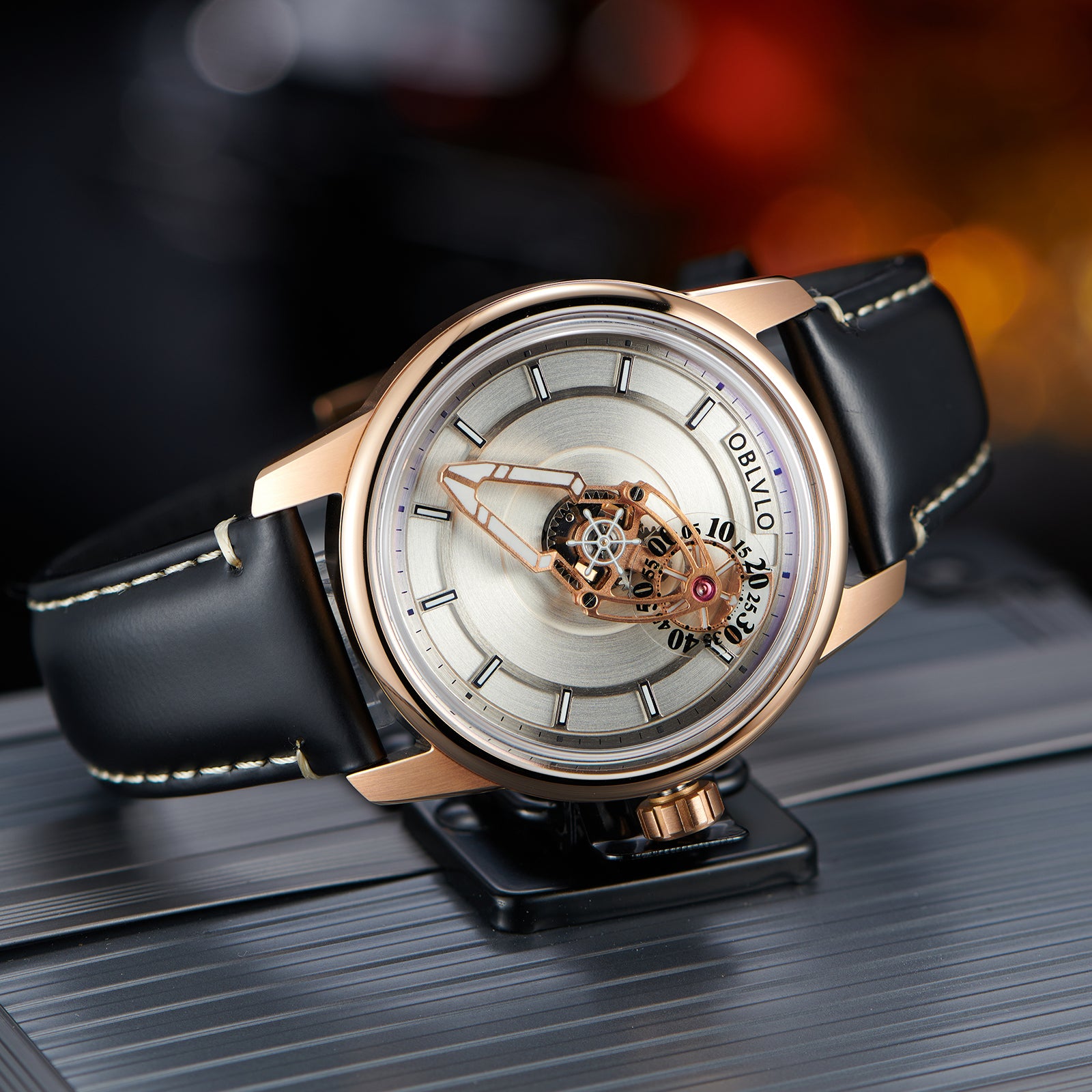 OBLVLO JM Space Black Spaceship Dial Automatic Rose Gold Case Dress Watches for Men
