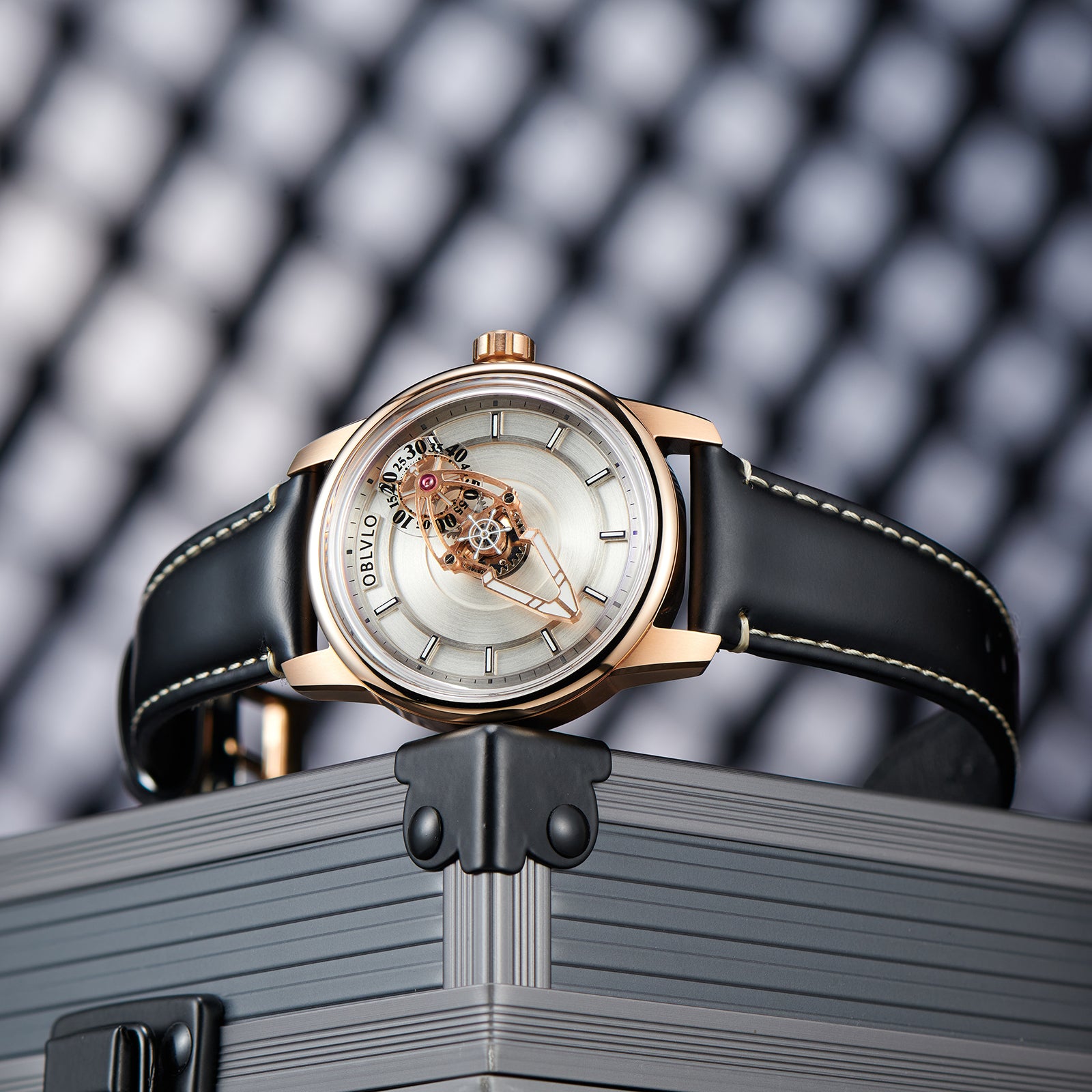 OBLVLO JM Space Black Spaceship Dial Automatic Rose Gold Case Dress Watches for Men