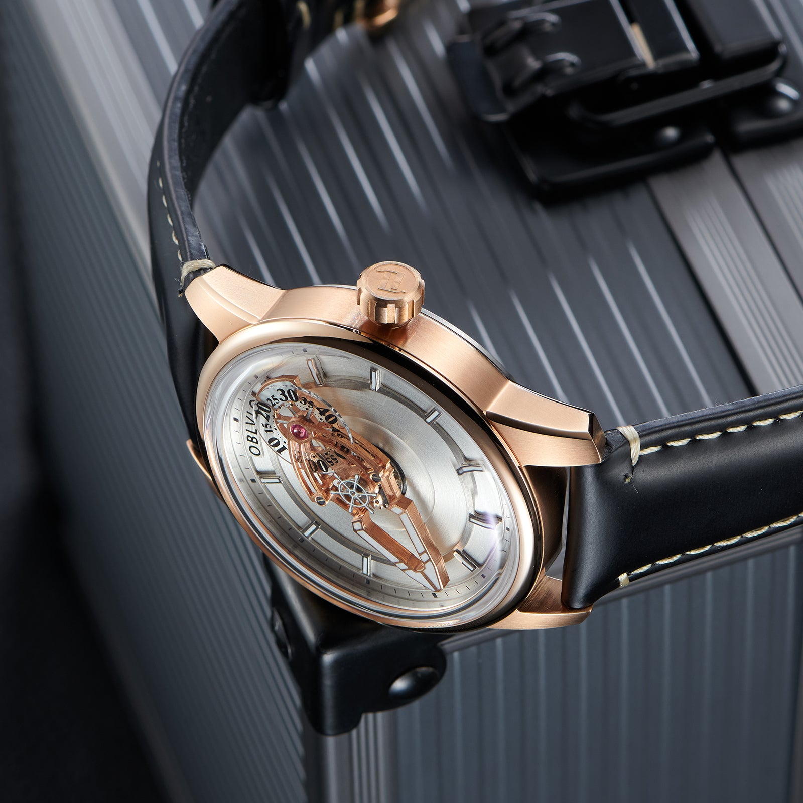 OBLVLO JM Space Black Spaceship Dial Automatic Rose Gold Case Dress Watches for Men