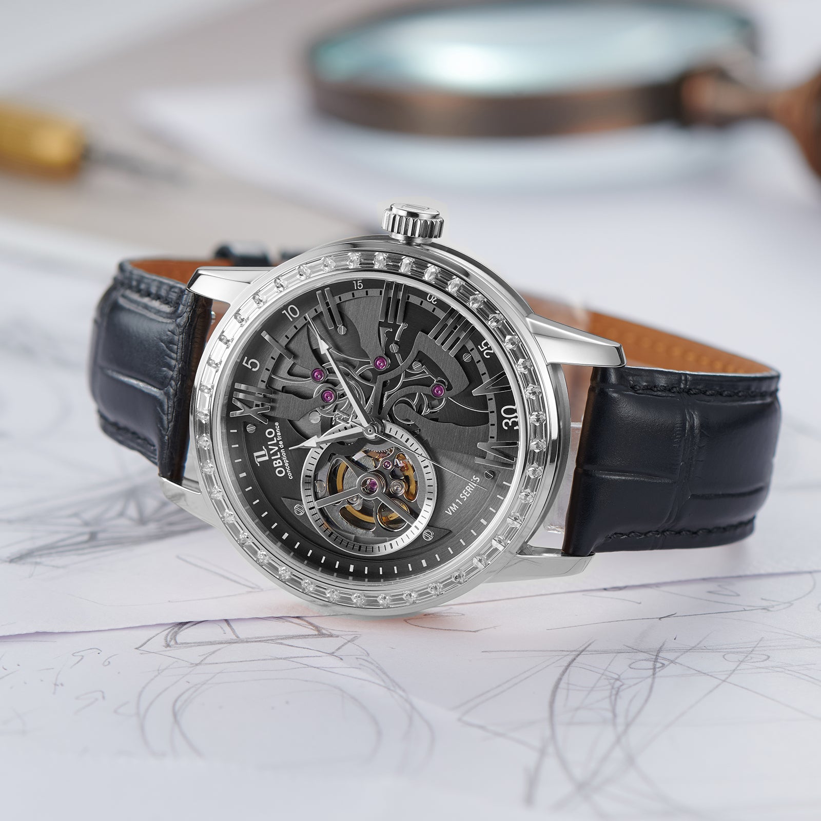 Black Dial 42mm Automatic Mechanical Tourbillon Style Watch For Men - Steel / Zirconia Bezel Dress Watches - OBLVLO VMQ