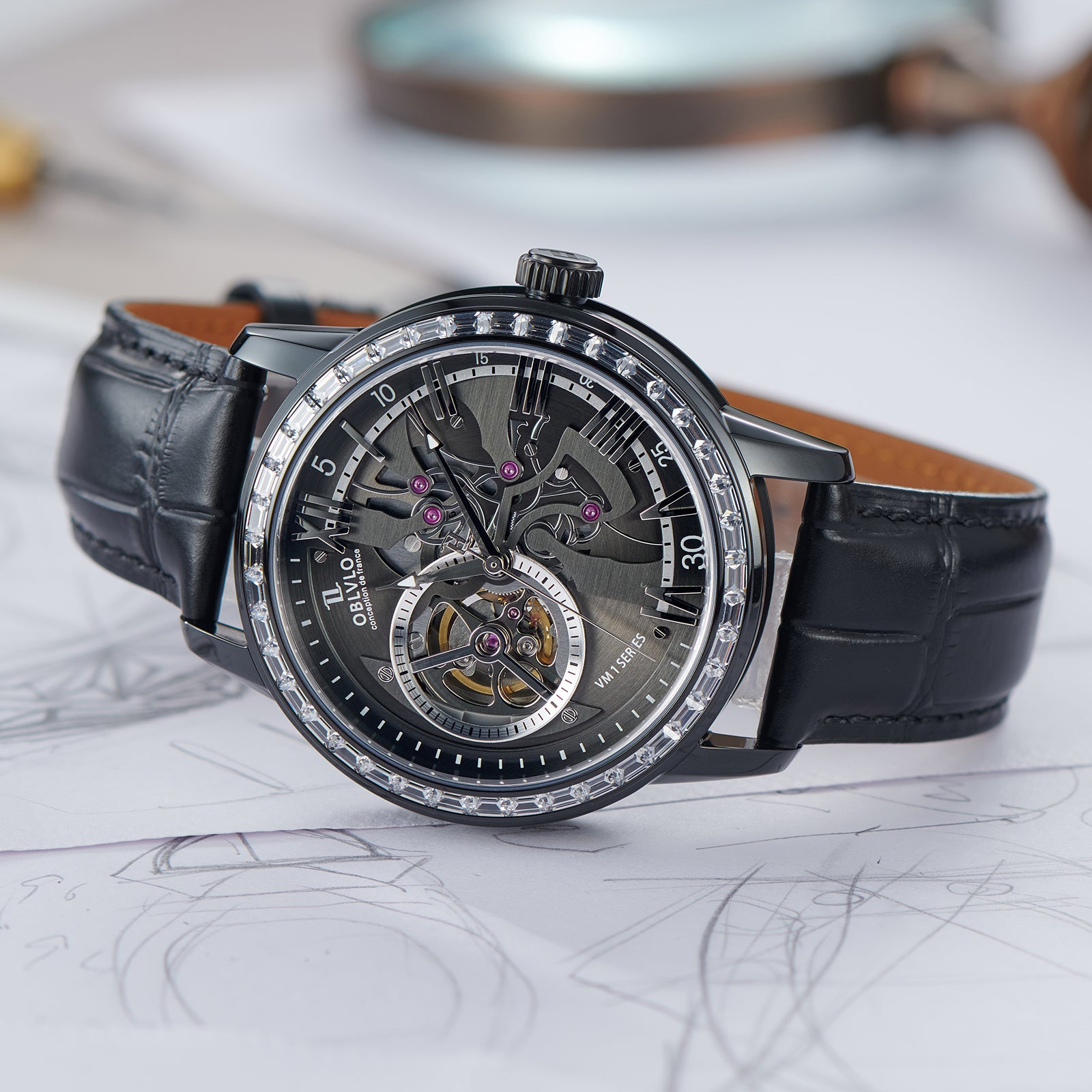 Luxury OBLVLO VMQ Series - Affordable All Black/Diamond Zirconia Case Mens Automatic Tourbillon Style Dial Dress Watches