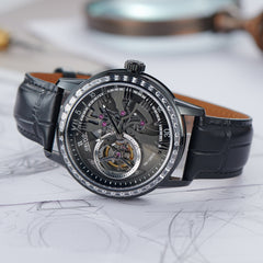 Luxury OBLVLO VMQ Series - Affordable All Black/Diamond Zirconia Case Mens Automatic Tourbillon Style Dial Dress Watches