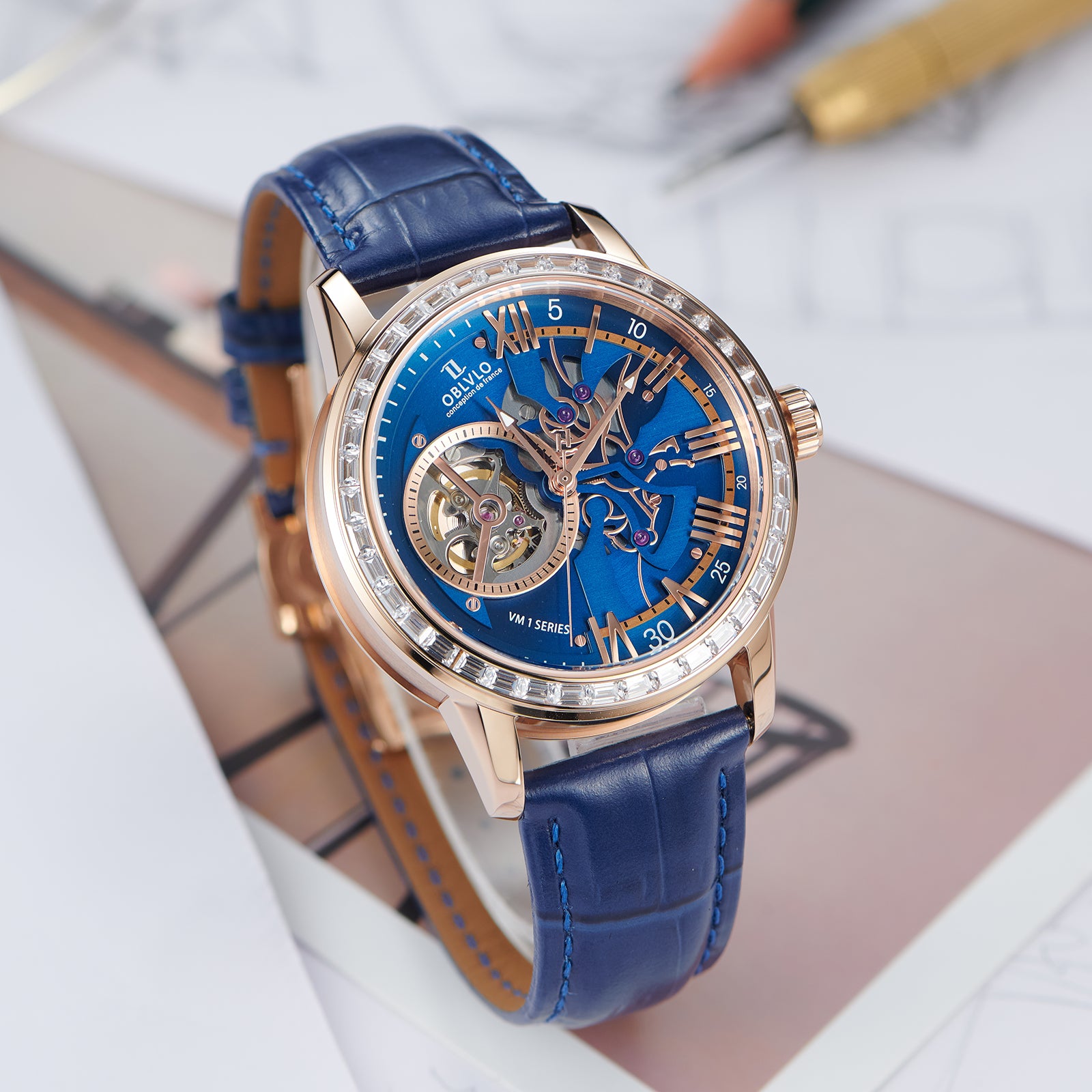 Best Affordable Luxury Rose Gold Zirconia Automatic Tourbillon Style Blue Dial Dress Watches For Men - OBLVLO VMQ Series