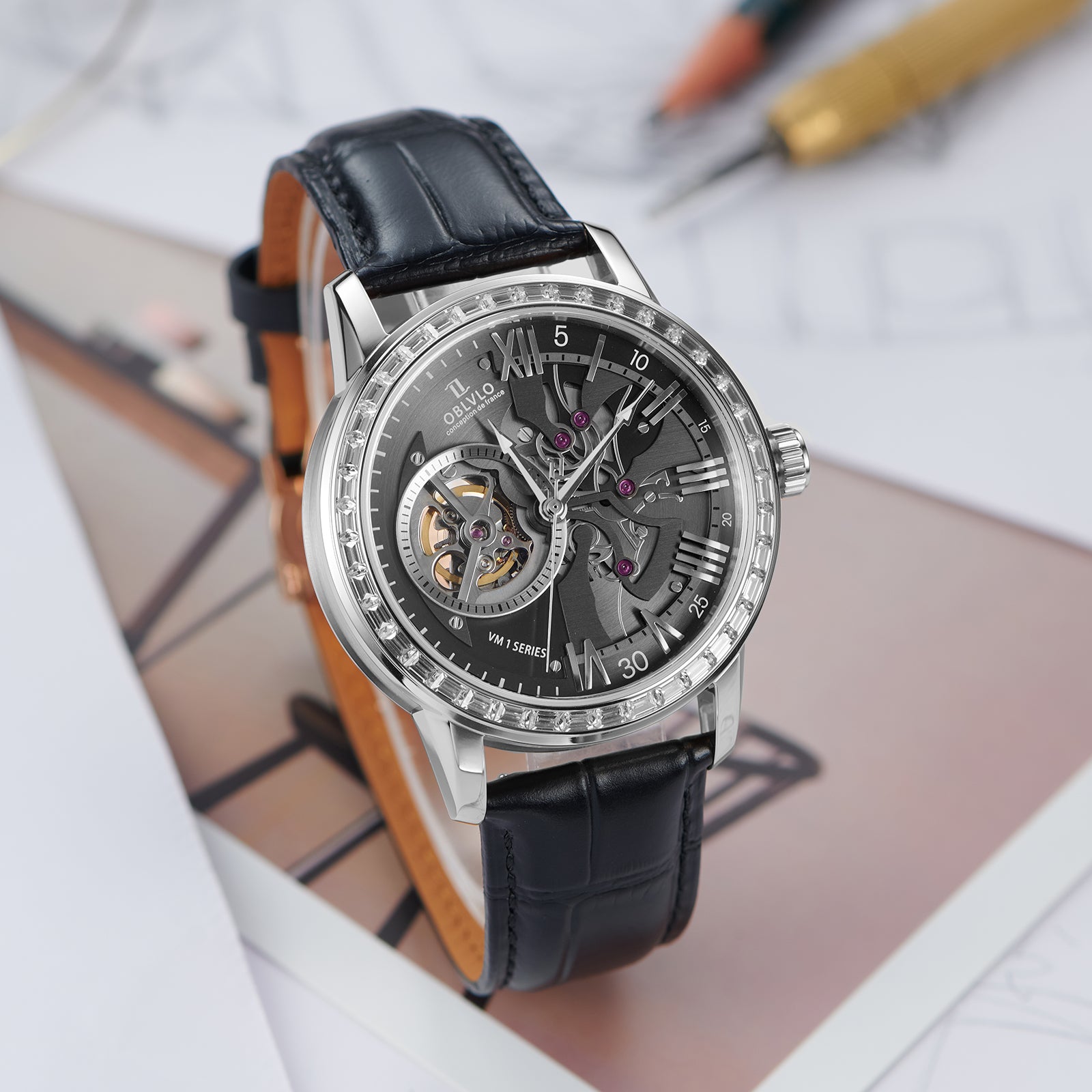 Black Dial 42mm Automatic Mechanical Tourbillon Style Watch For Men - Steel / Zirconia Bezel Dress Watches - OBLVLO VMQ