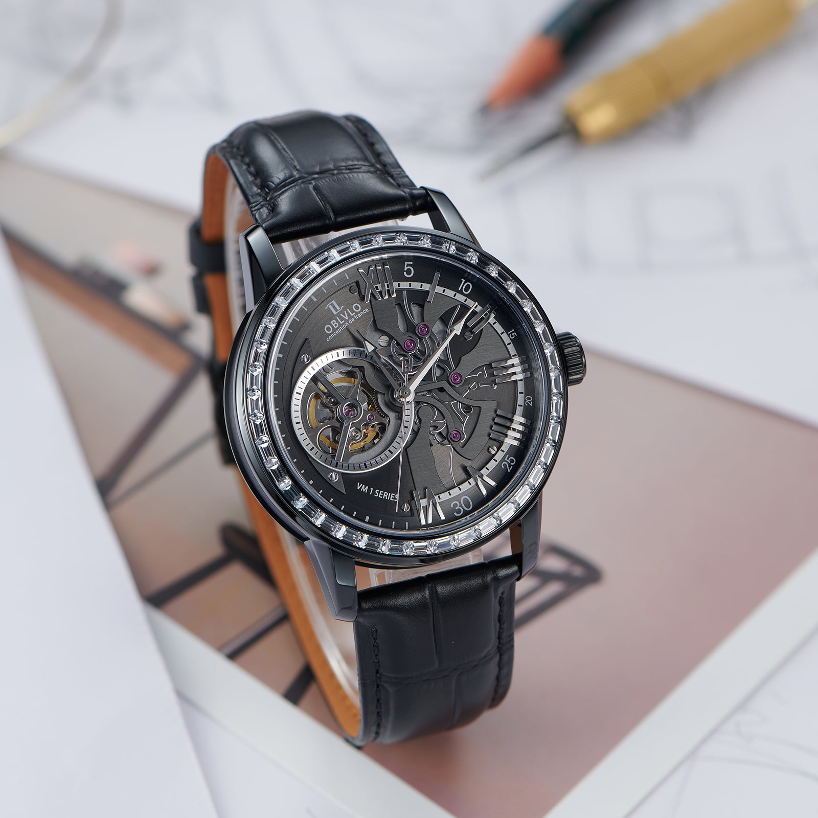 Luxury OBLVLO VMQ Series - Affordable All Black/Diamond Zirconia Case Mens Automatic Tourbillon Style Dial Dress Watches