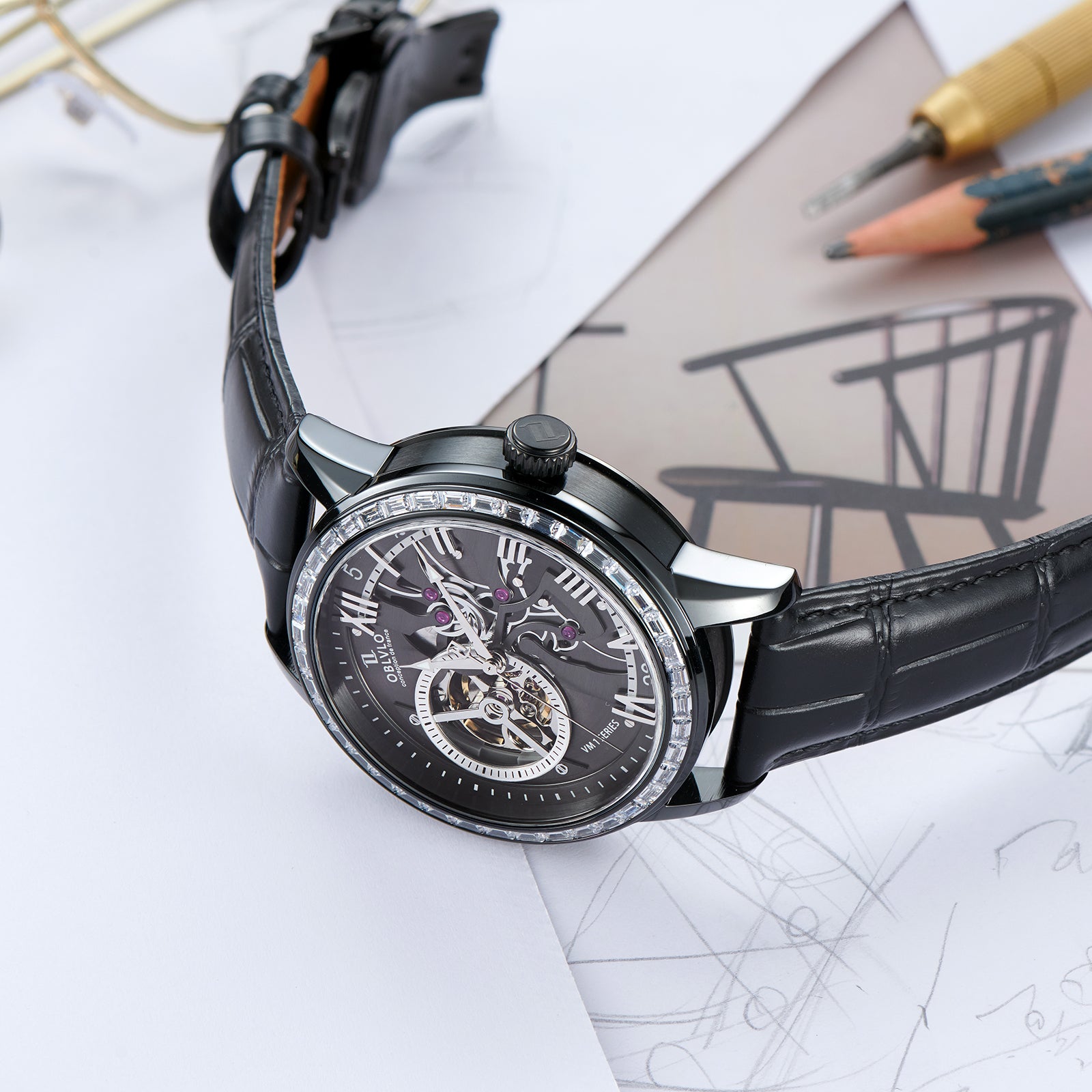 Luxury OBLVLO VMQ Series - Affordable All Black/Diamond Zirconia Case Mens Automatic Tourbillon Style Dial Dress Watches