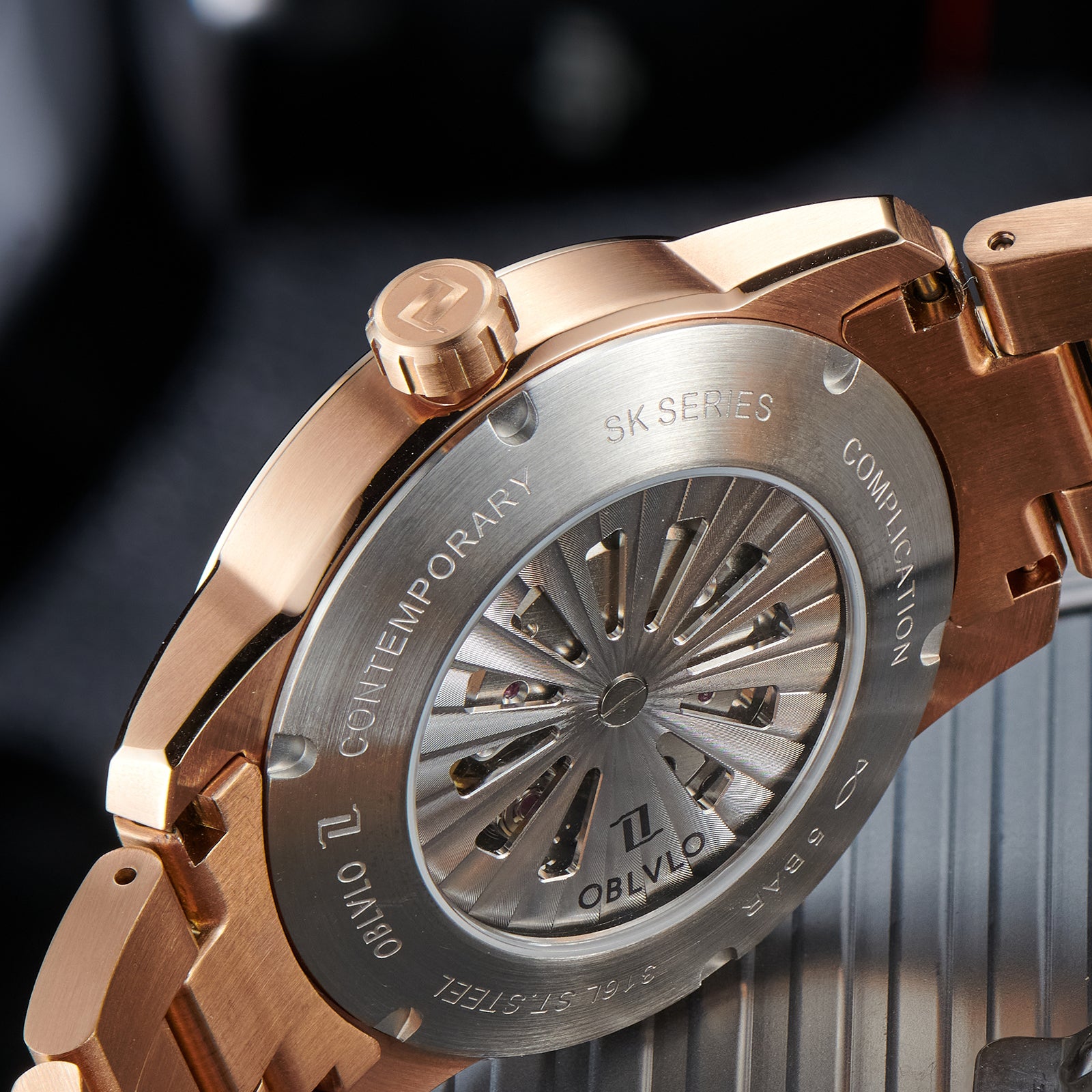 OBLVLO JM Space Black Spaceship Dial Automatic Rose Gold Case Dress Watches for Men