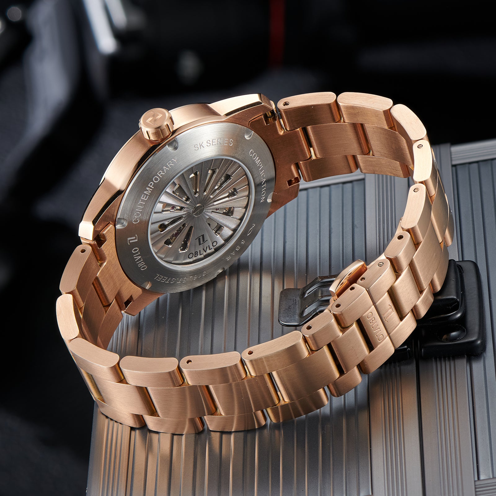 OBLVLO JM Space Black Spaceship Dial Automatic Rose Gold Case Dress Watches for Men