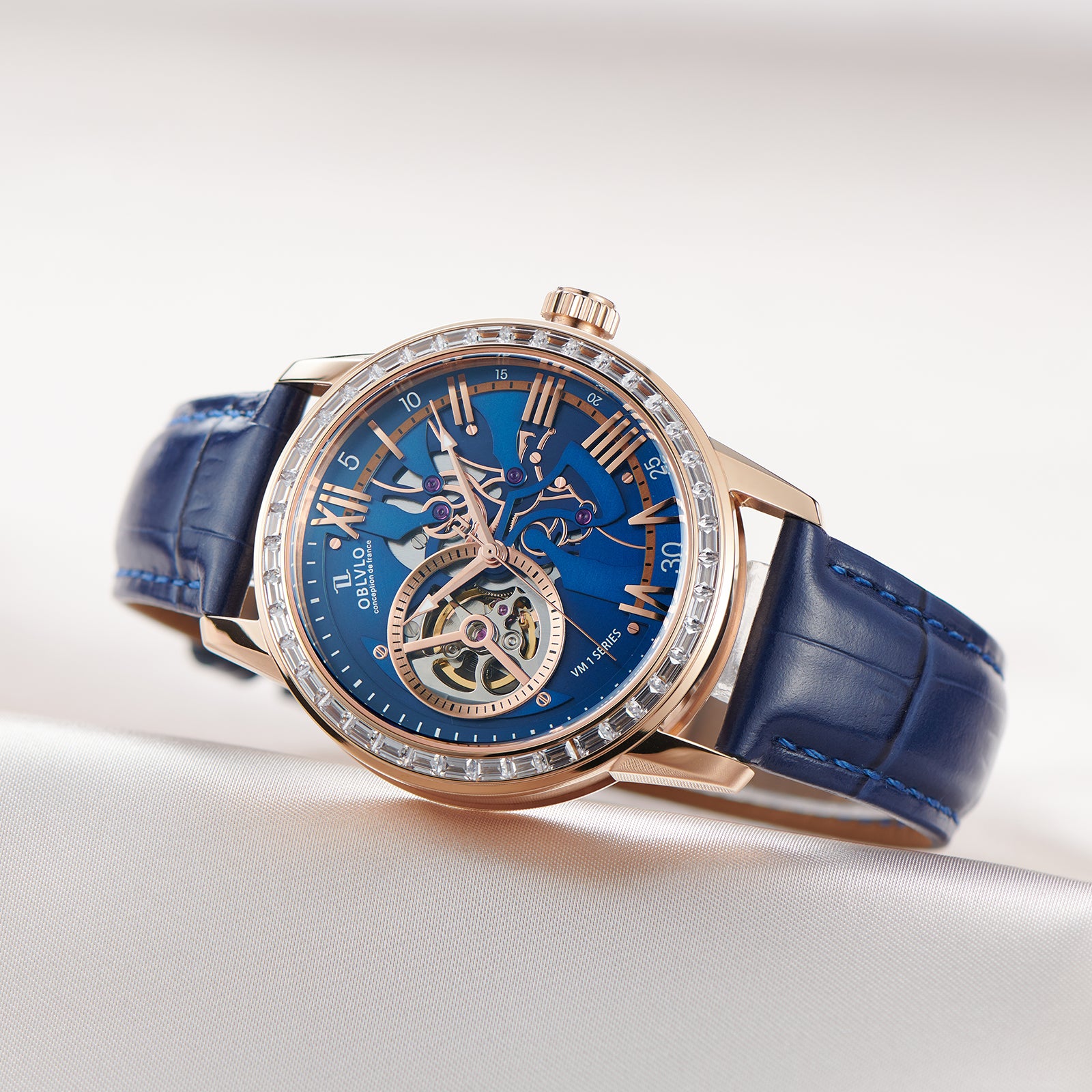Best Affordable Luxury Rose Gold Zirconia Automatic Tourbillon Style Blue Dial Dress Watches For Men - OBLVLO VMQ Series