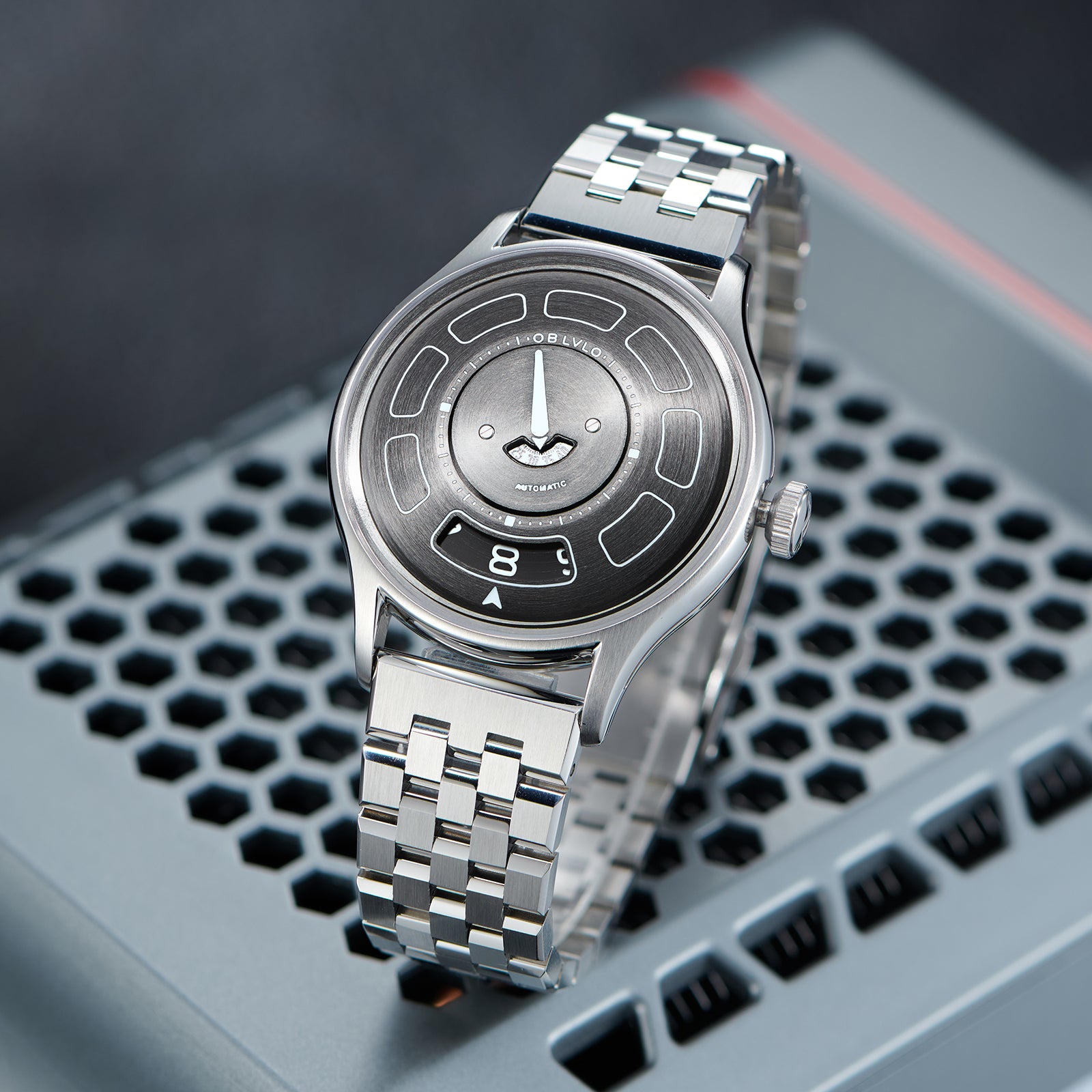 OBLVLO BLM-UFO 41MM Unique UFO-Shaped Automatic Watch with Luminous Silicone Strap And Steel Bracelet Mechanical Watch
