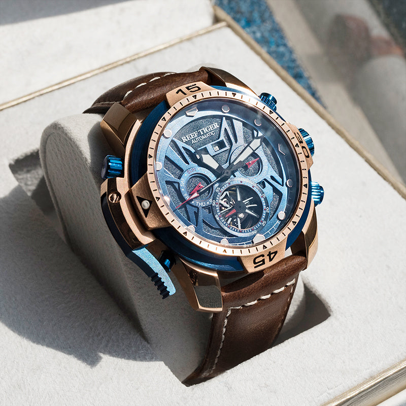 Reef Tiger Aurora RGA3532 Men's Automatic Mechanical Watch - Rose Gold Stainless Steel Case/Strap Wristwatch