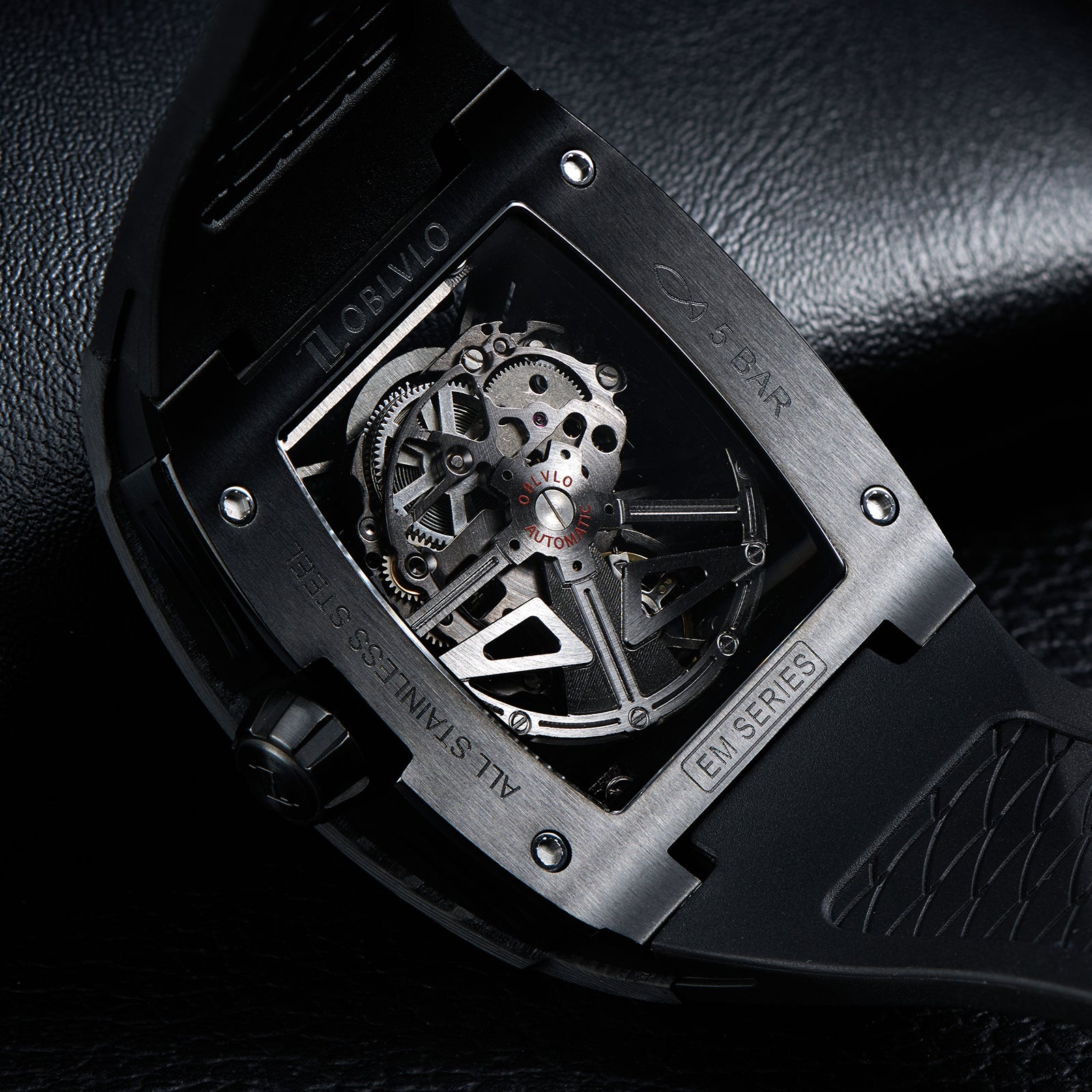 OBLVLO EM-ST Luxury Black Carbon Fiber Skeleton Mechanical Mens Watches