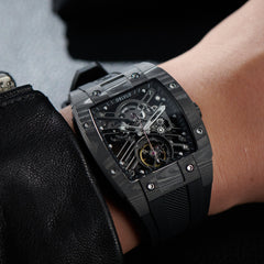 OBLVLO EM-ST Luxury Black Carbon Fiber Skeleton Mechanical Mens Watches