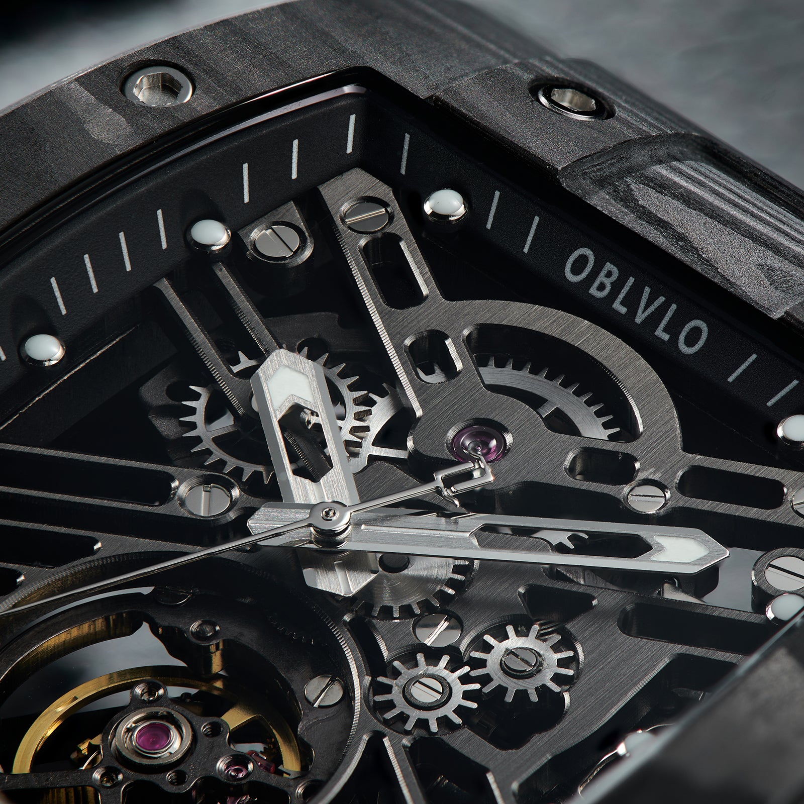 OBLVLO EM-ST Luxury Black Carbon Fiber Skeleton Mechanical Mens Watches