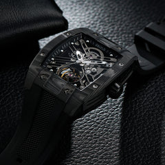 OBLVLO EM-ST Luxury Black Carbon Fiber Skeleton Mechanical Mens Watches