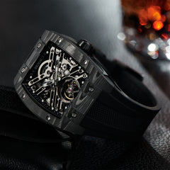 OBLVLO EM-ST Luxury Black Carbon Fiber Skeleton Mechanical Mens Watches