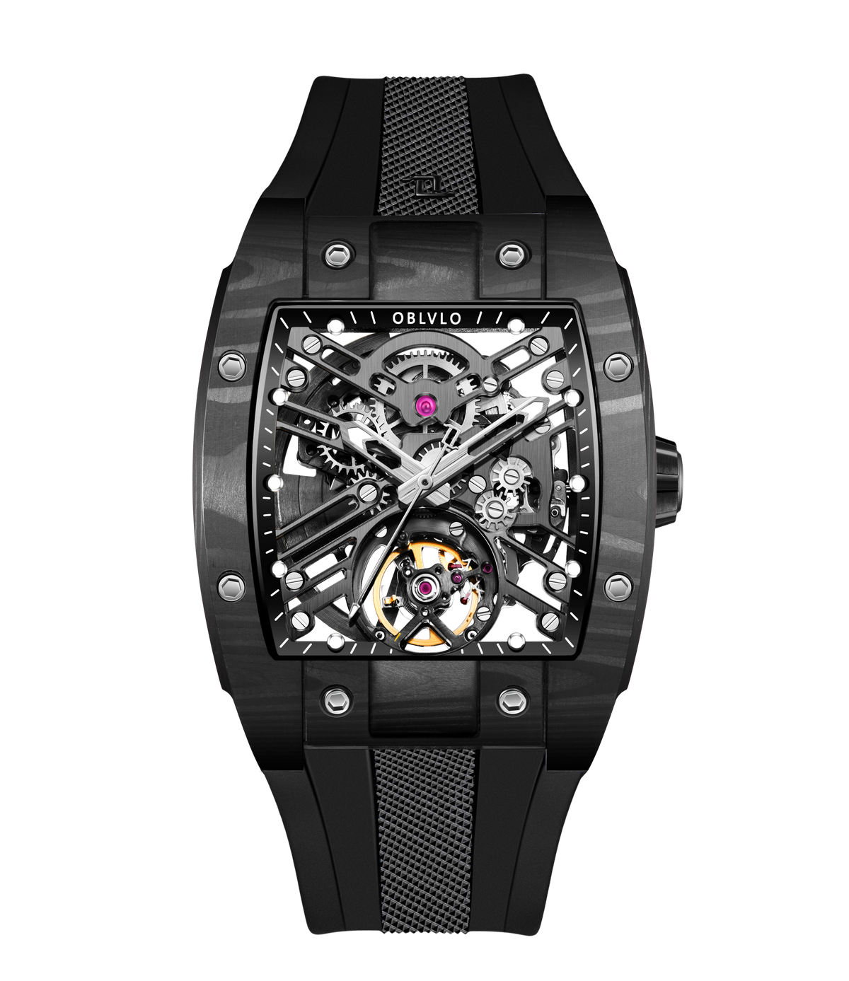 OBLVLO EM-ST Luxury Black Carbon Fiber Skeleton Mechanical Mens Watches