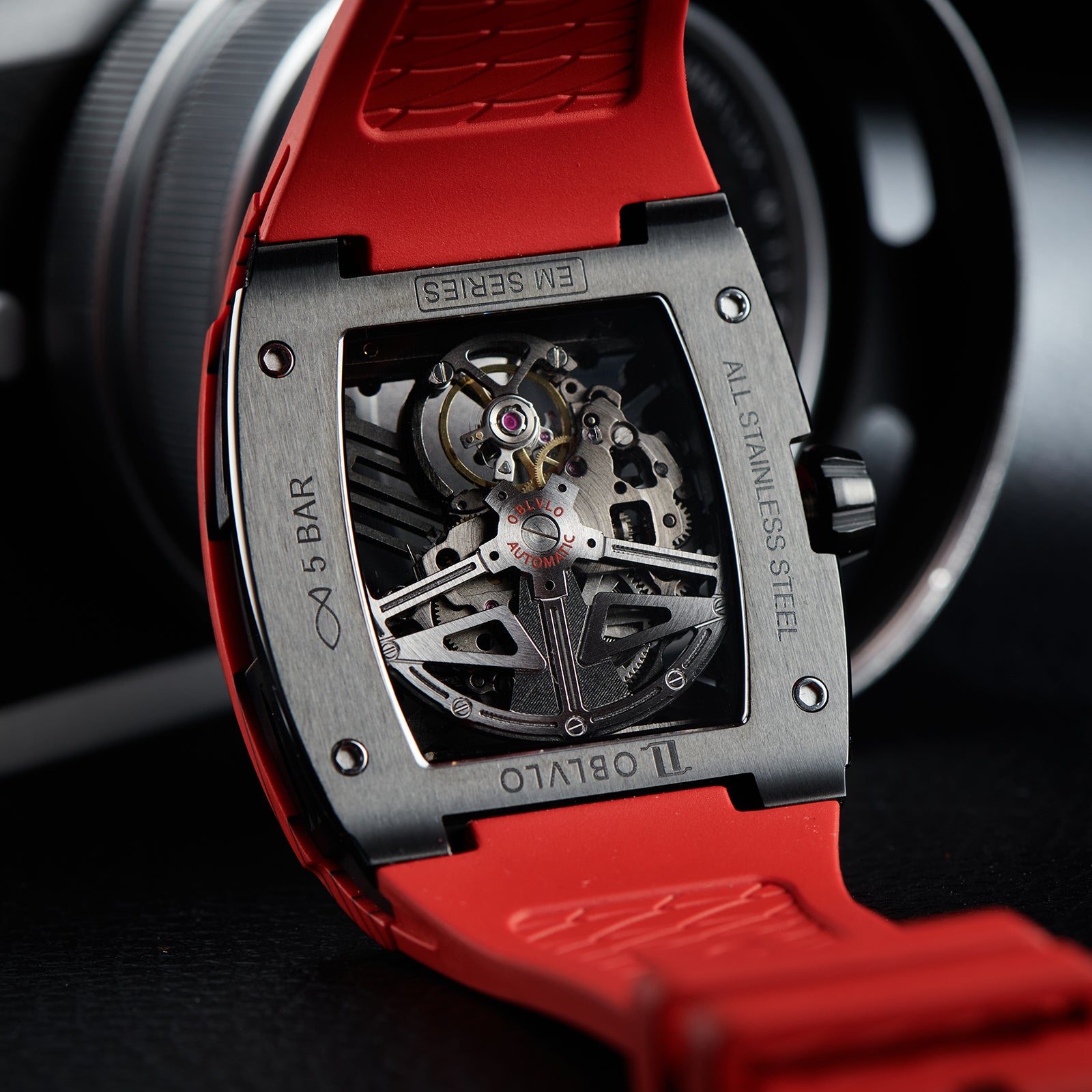 OBLVLO EM-ST Best Luxury Red Carbon Fiber Automatic Skeleton Sport Cool Watches for Men