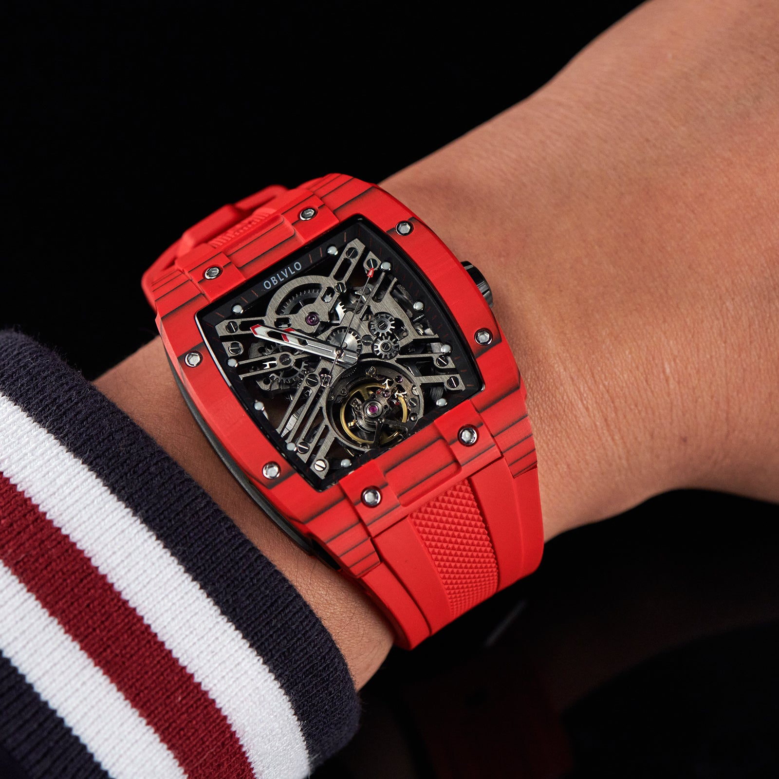 OBLVLO EM-ST Best Luxury Red Carbon Fiber Automatic Skeleton Sport Cool Watches for Men