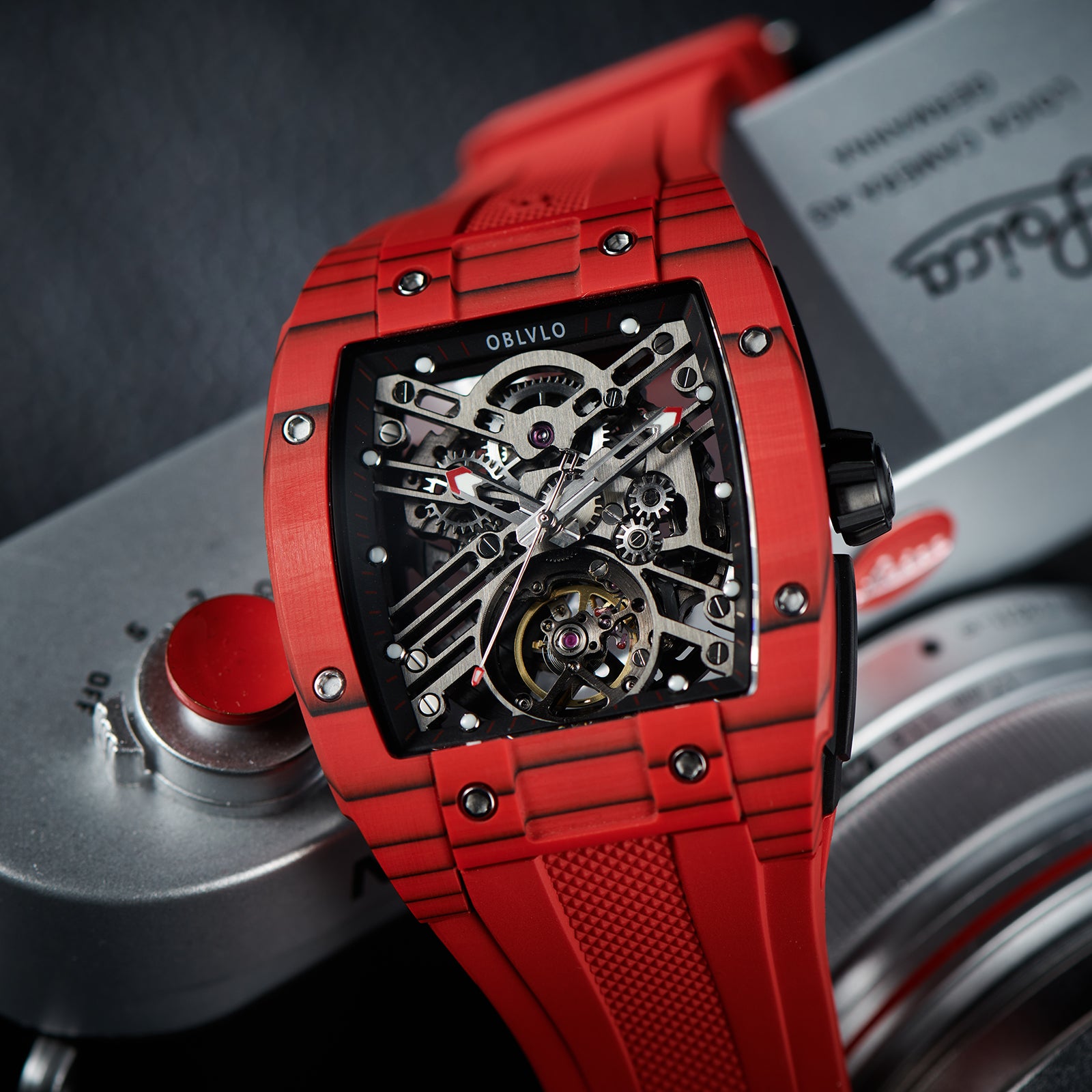 OBLVLO EM-ST Best Luxury Red Carbon Fiber Automatic Skeleton Sport Cool Watches for Men