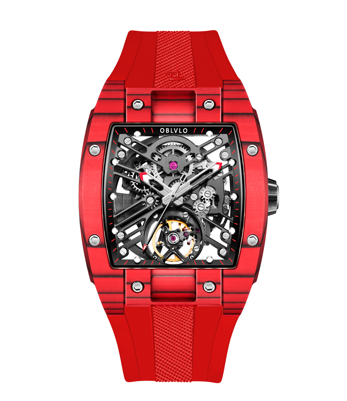 OBLVLO EM-ST Best Luxury Red Carbon Fiber Automatic Skeleton Sport Cool Watches for Men