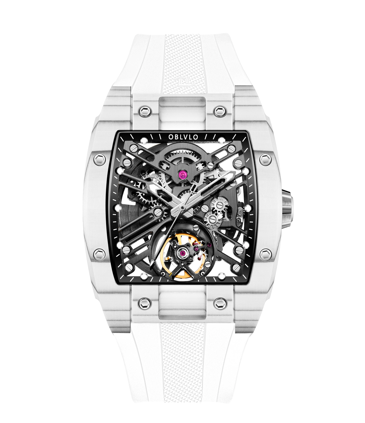 OBLVLO EM-ST Luxury White Luminescent Carbon Fiber Skeleton Automatic Watches for Men