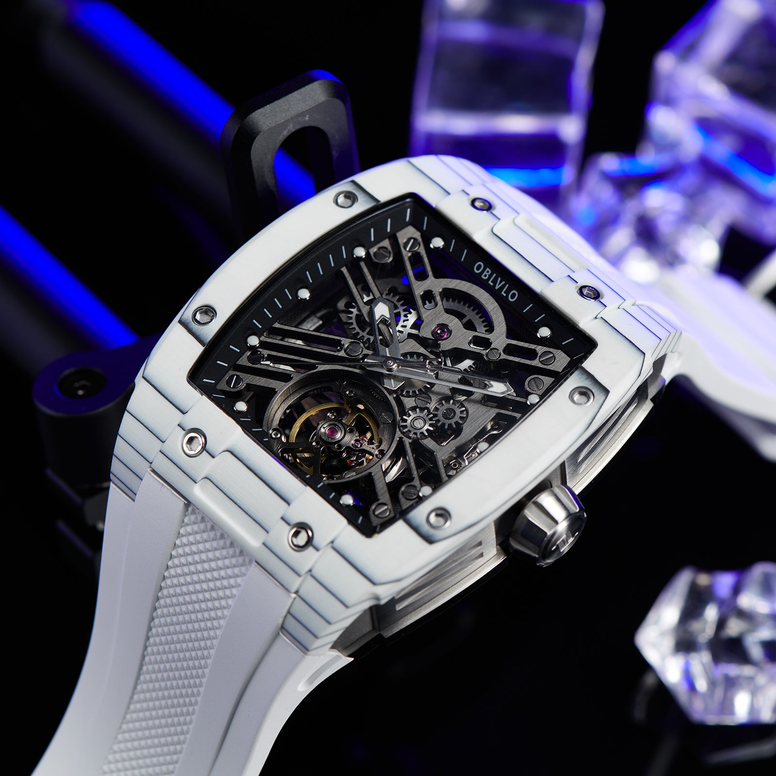 OBLVLO EM-ST Luxury White Luminescent Carbon Fiber Skeleton Automatic Watches for Men