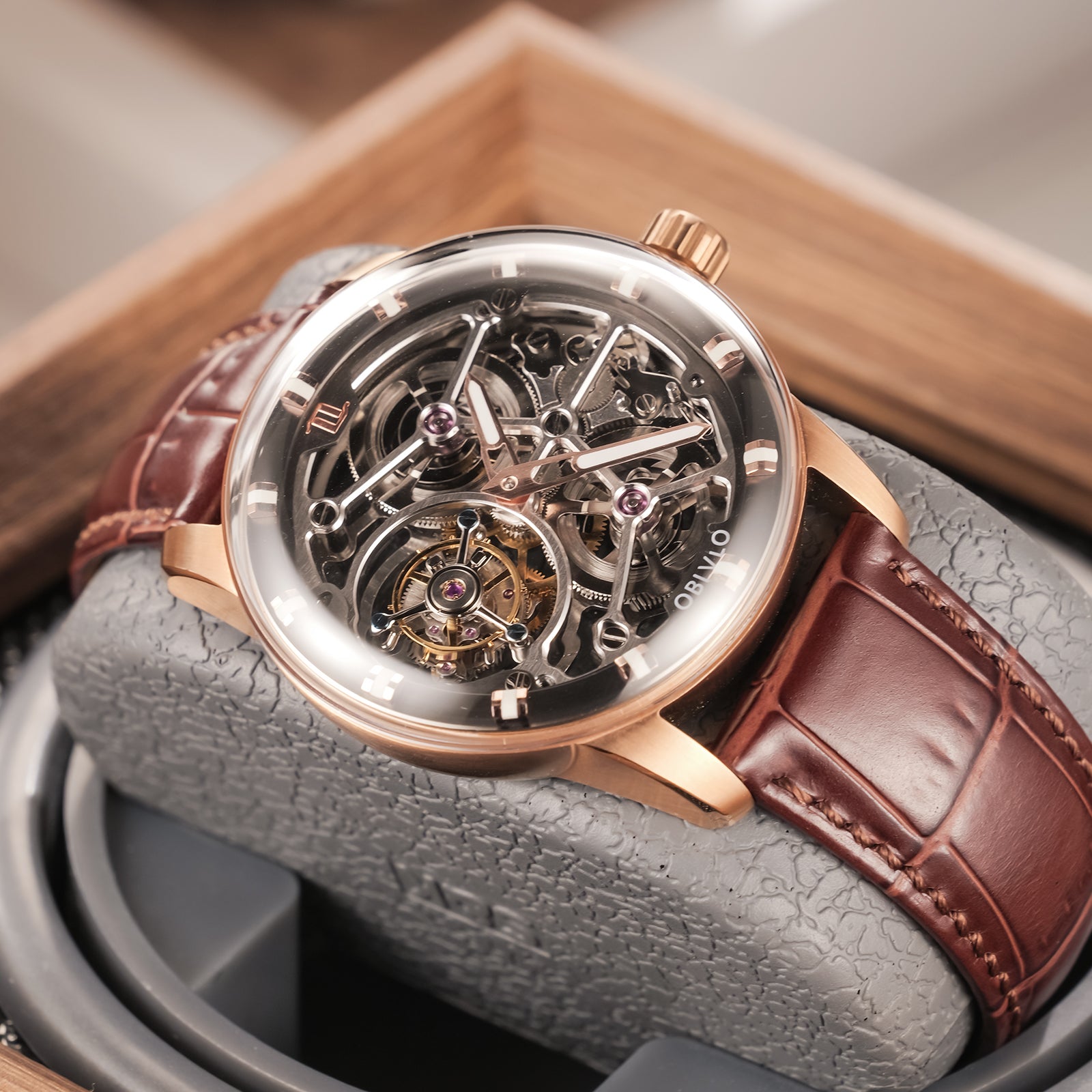 OBLVLO IM SK TB Men's Luxury Rose Gold Tourbillon Skeleton Mechanical Watches - Leather Strap Fashion Luxury Dress Watch