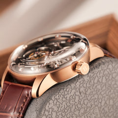 OBLVLO IM SK TB Men's Luxury Rose Gold Tourbillon Skeleton Mechanical Watches - Leather Strap Fashion Luxury Dress Watch