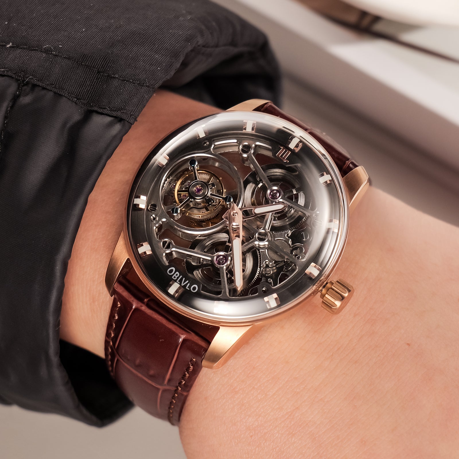 OBLVLO IM SK TB Men's Luxury Rose Gold Tourbillon Skeleton Mechanical Watches - Leather Strap Fashion Luxury Dress Watch